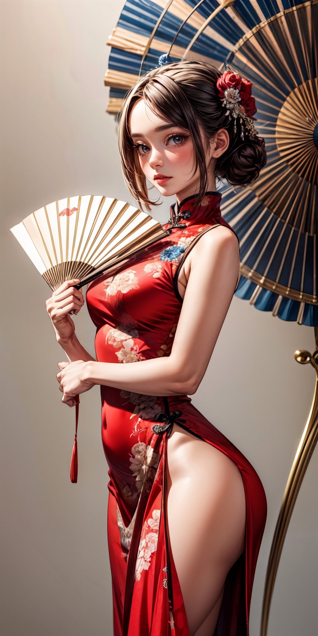 (masterpiece,ultra-detailed,best quality,8K,illustration,shaved:1.2),(petite girl:1.0) <lora:add_detail:1.5> ,  <lora:sensu pose:0.5> sensu pose, folding fan, 1girl, china dress