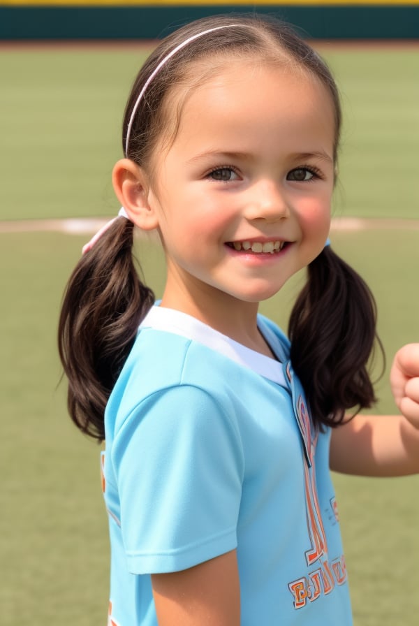 1girl, portrait, (cowboy shot) realistic, little girl, smile, ((ltt, black long disheveled hair, low twin ponytails)), hair bow, upper body, outdoor, holding⚾,  sunny day, blurry background <lora:low twintail03:0.8><lora:adapter_model:1.0>