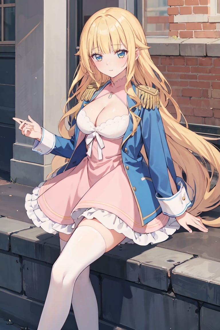 masterpiece, best quality, ultra-detailed, glistening shiny, glowing light, ray tracing, HDR, deph of field, (perfect face, detailed face),  <lora:Beelzebub_jou:0.7>, beelzebubjou, very long hair, hair flaps, large breasts, blue jacket, jacket over shoulders, pink dress, frilled dress, epaulettes, cleavage cutout, puffy short sleeves, wrist cuffs, white thighhighs