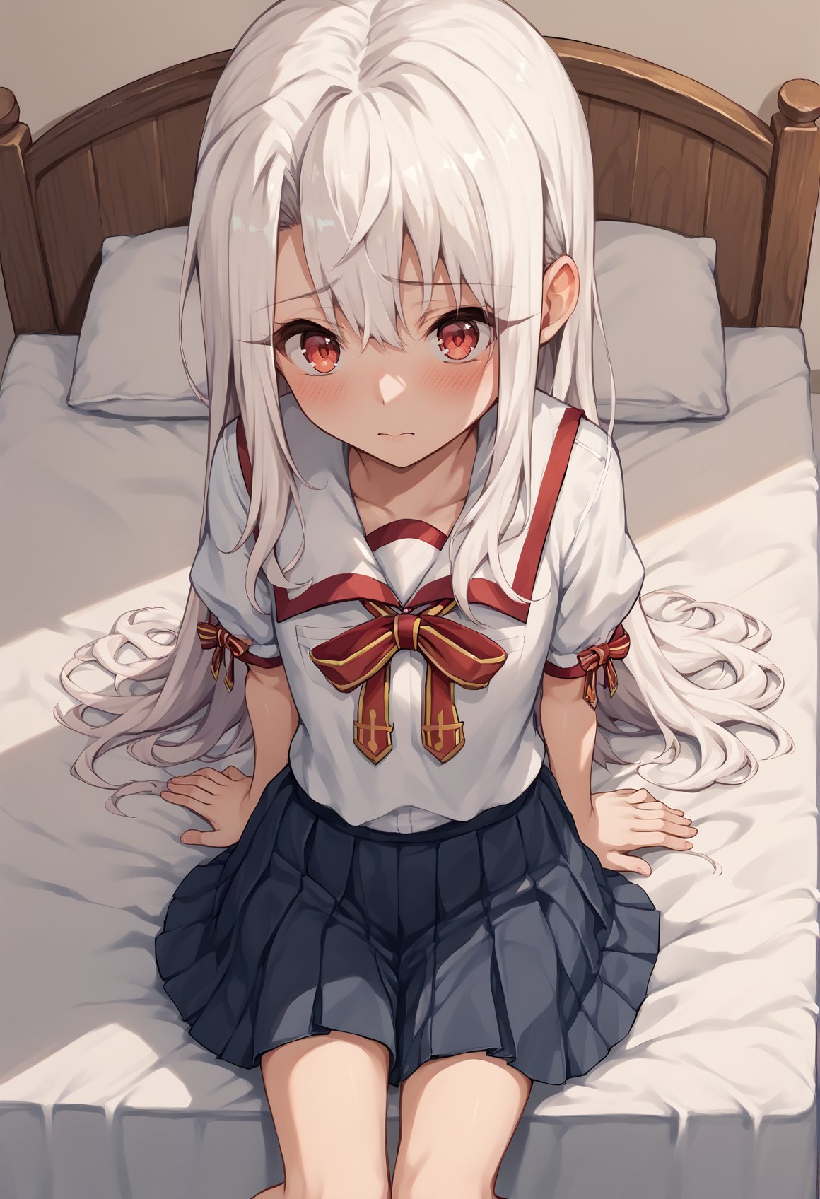 1girl, white hair, red eyes, long hair, neck ribbon, school uniform, short sleeves, skirt, shirt, infirmary, sitting, bed, blushing <lora:Illya_IQ2:1>  <lora:Kuro_XL:1>, score_9, score_8_up, score_7_up, score_6_up, score_5_up, score_4_up, BREAK source_anime, masterpiece