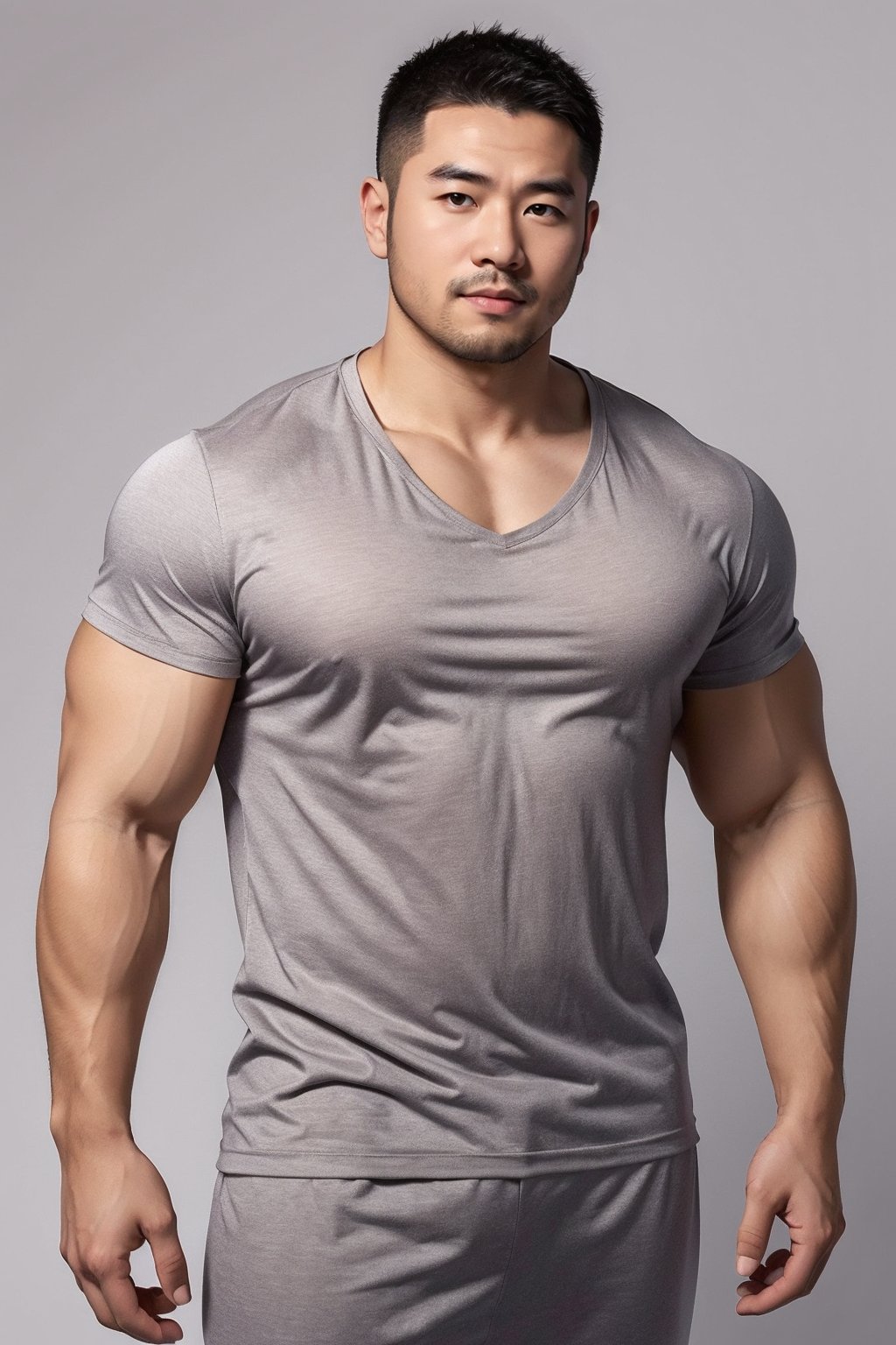 zhuangxiong,male focus,bara,Pajamas,open the clothes,expose pectoral muscle,gray gradient background,<lora:bara_male_v2.0:0.8>,, masterpiece,best quality,