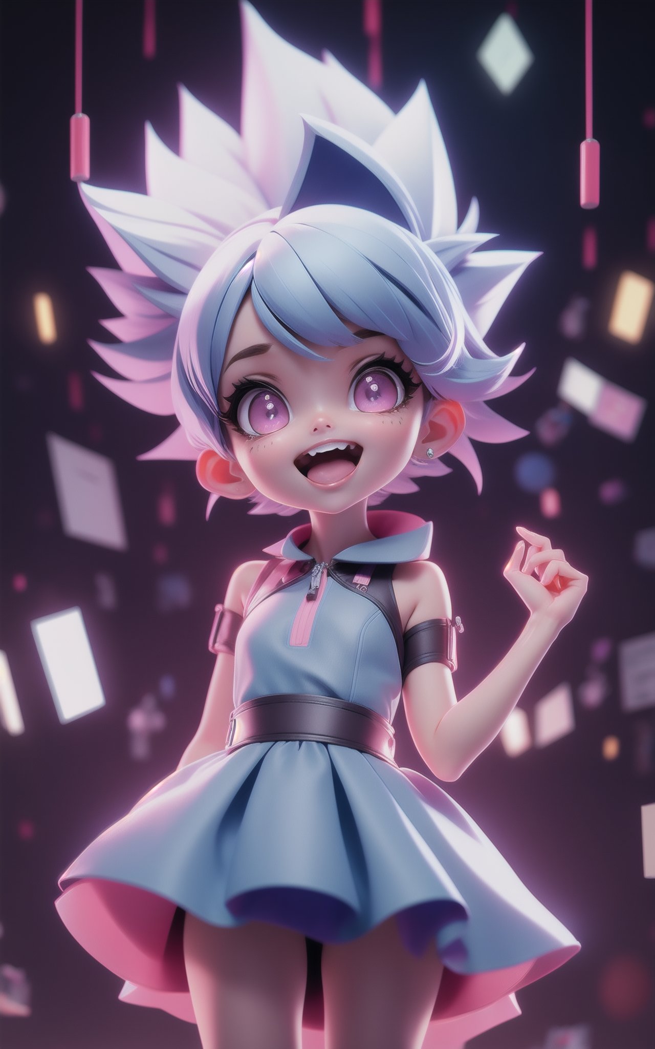 1girl,Short spiky hairstyle,A modern, state-of-the-art science lab, filled with high-tech equipment and a sleek, clean design,Swing dress,Excited facial expression,dynamic attitude,