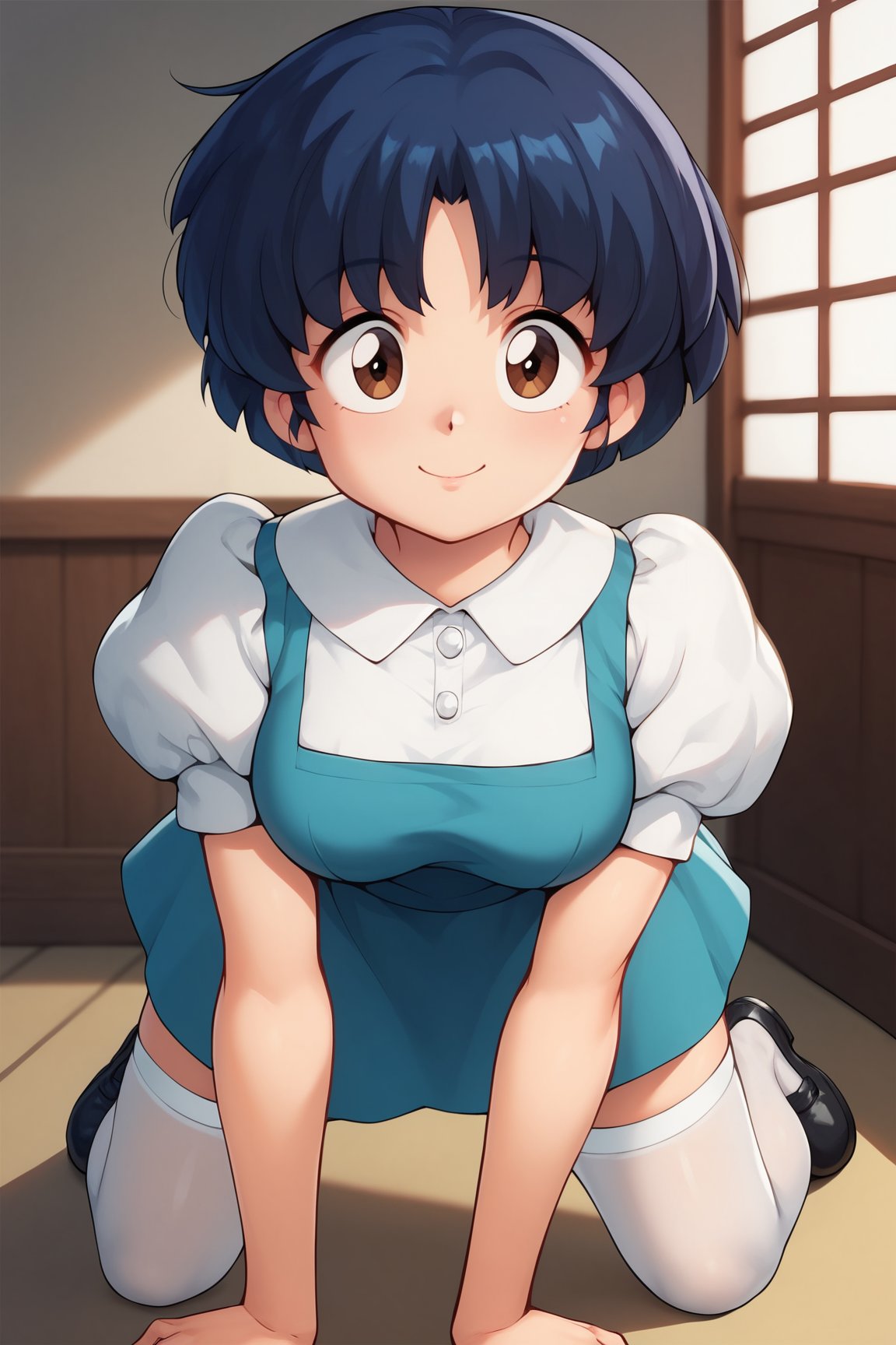 score_9, score_8_up, score_7_up, score_6_up, score_5_up, score_4_up, AkaneTendouRXL, 18years, big eyes, brown eyes, dark blue hair, short hair, bangs, medium breasts, shirt collar, white shirt, blue dress, short sleeves, puffy sleeves, white stockings, black shoes, solo, all fours, seductive smile, looking at viewer, indoors <lora:AkaneTendouRXL:1>