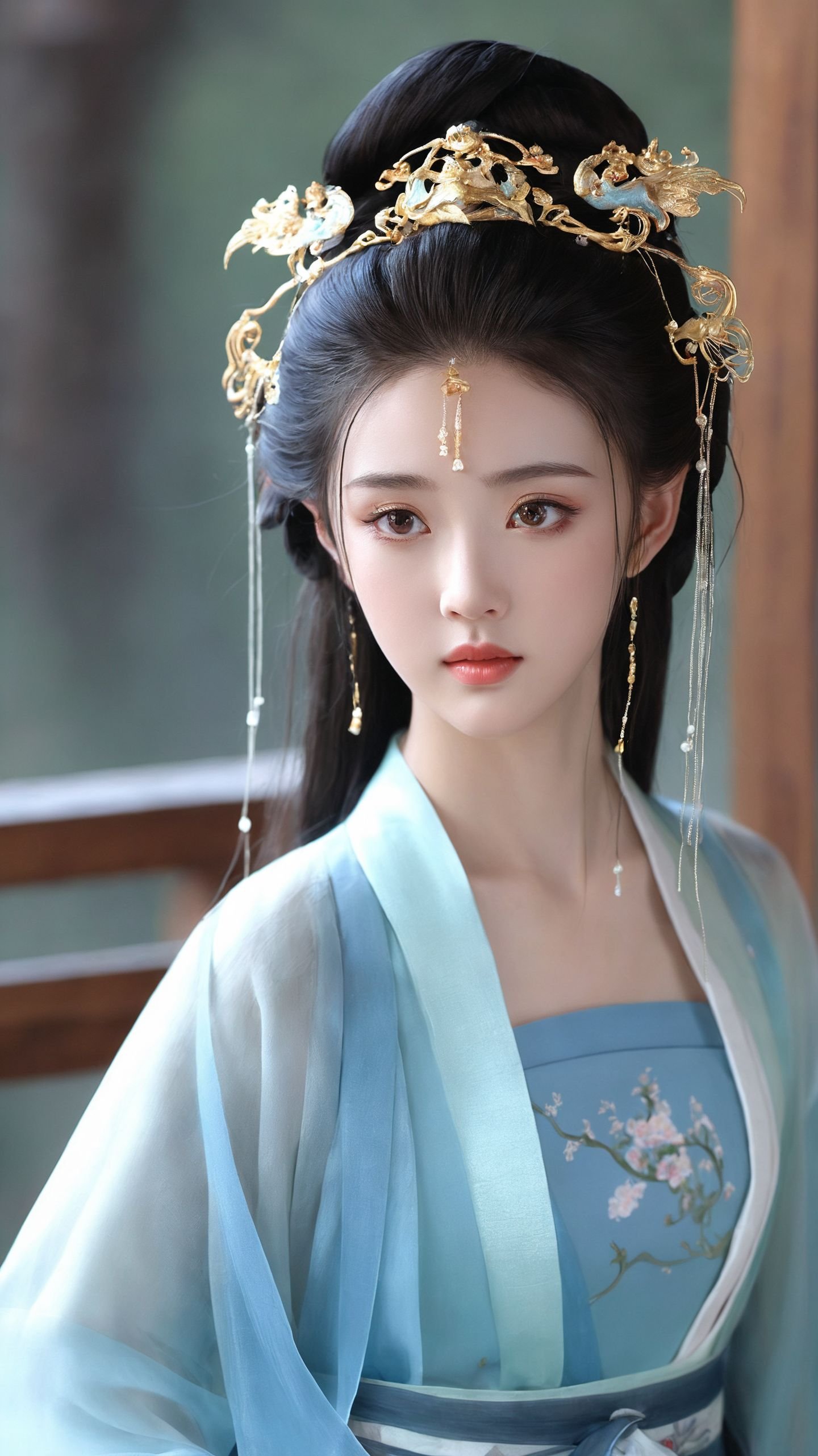 Realistic,Masterpiece,18 - year - old,Masterpiece, the best quality, perfect official art, animation style, (Masterpiece :1.3), the best quality, animation works, girls, delicate beautiful face,long eyes, delicate beautiful features, high cold, long hair, Hanfu, national wind, horn, belt, blue dress,Dragon pattern,crown, hair accessories, exquisite hair accessories, Hanfu, delicate Hanfu, piercing eyes,