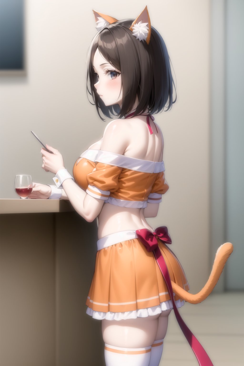 Highly detailed, High Quality, masterpiece, beautiful,BREAK 1girl, Focus solo, (young woman), (16 old), BREAK Uniform Radish, skirt, thighhighs, animal ears, tail, midriff, cat ears, (cat tail), waitress, cleavage, clothing cutout, cleavage cutout, ribbon, red ribbon, dress, (orange dress:1.2), thighhighs, miniskirt, wrist_cuff,BREAK looking_at_viewer, side_view, (Focus breasts:1.3), motion blur<lora:EMS-434643-EMS:0.800000>, <lora:EMS-327022-EMS:0.300000>