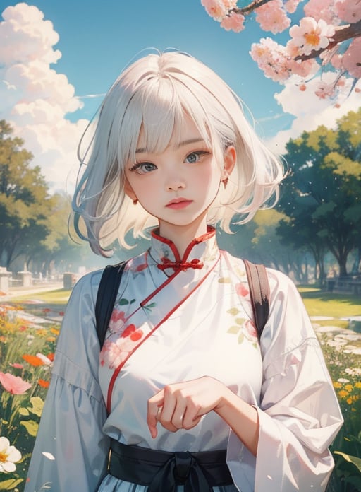 maomi,cat,1girl,white hair,chibi,cute,Chinese clothes,upper body,standing,falling flower,simple background,outdoor,cloud,(masterpiece:1,2),best quality,masterpiece,highres,original,extremely detailed wallpaper,perfect lighting,(extremely detailed CG:1.2)     ,