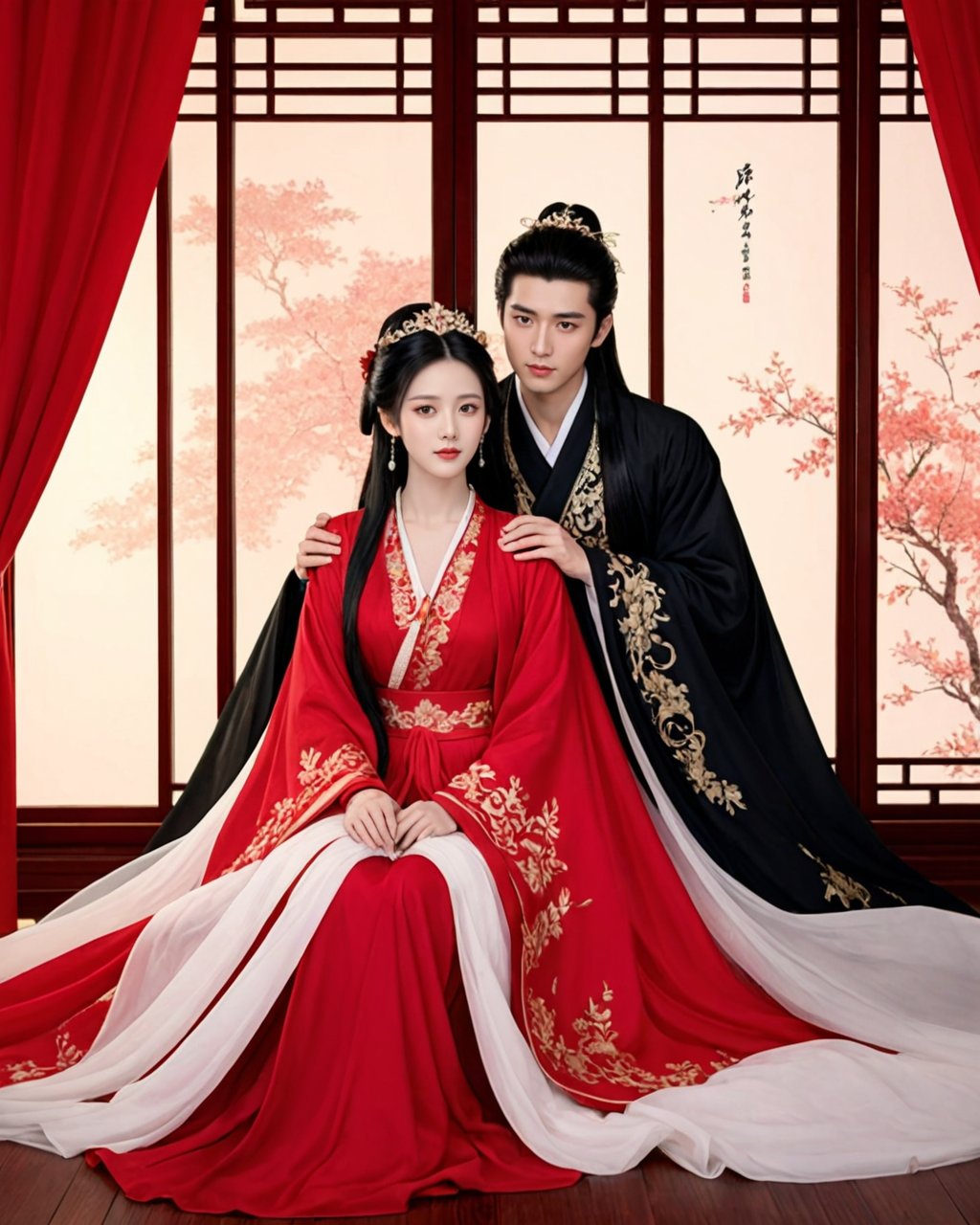 Chinese ancient style,beautiful couple,a red wedding dress girl sitting on the throne with a crown and a man in black Hanfu standing behind her,in the style of a Chinese painting,a Chinese illustration of an anime beauty,with a red gold color scheme,delicate facial features,soft light shining through the window onto their faces,creating an atmosphere full of romance,romance comic cover,