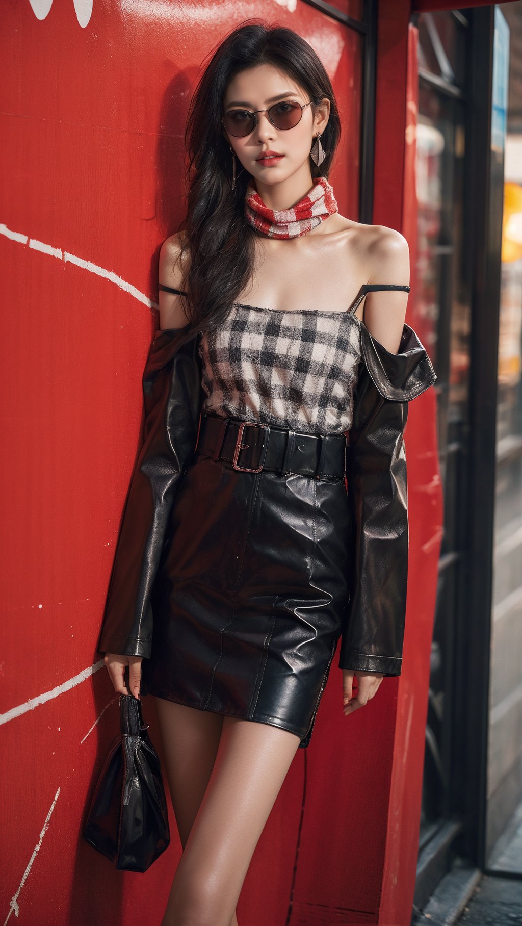 sdmai, pop art, 1girl, solo, sunglasses, jewelry, earrings, long hair, jacket, ground vehicle, looking at viewer, belt, skirt, black hair, scarf, black jacket, off shoulder, bare shoulders, leather, leather jacket, parted lips, realistic, breasts, standing <lora:SDMAI波普艺术风格摄影pop art:0.8>