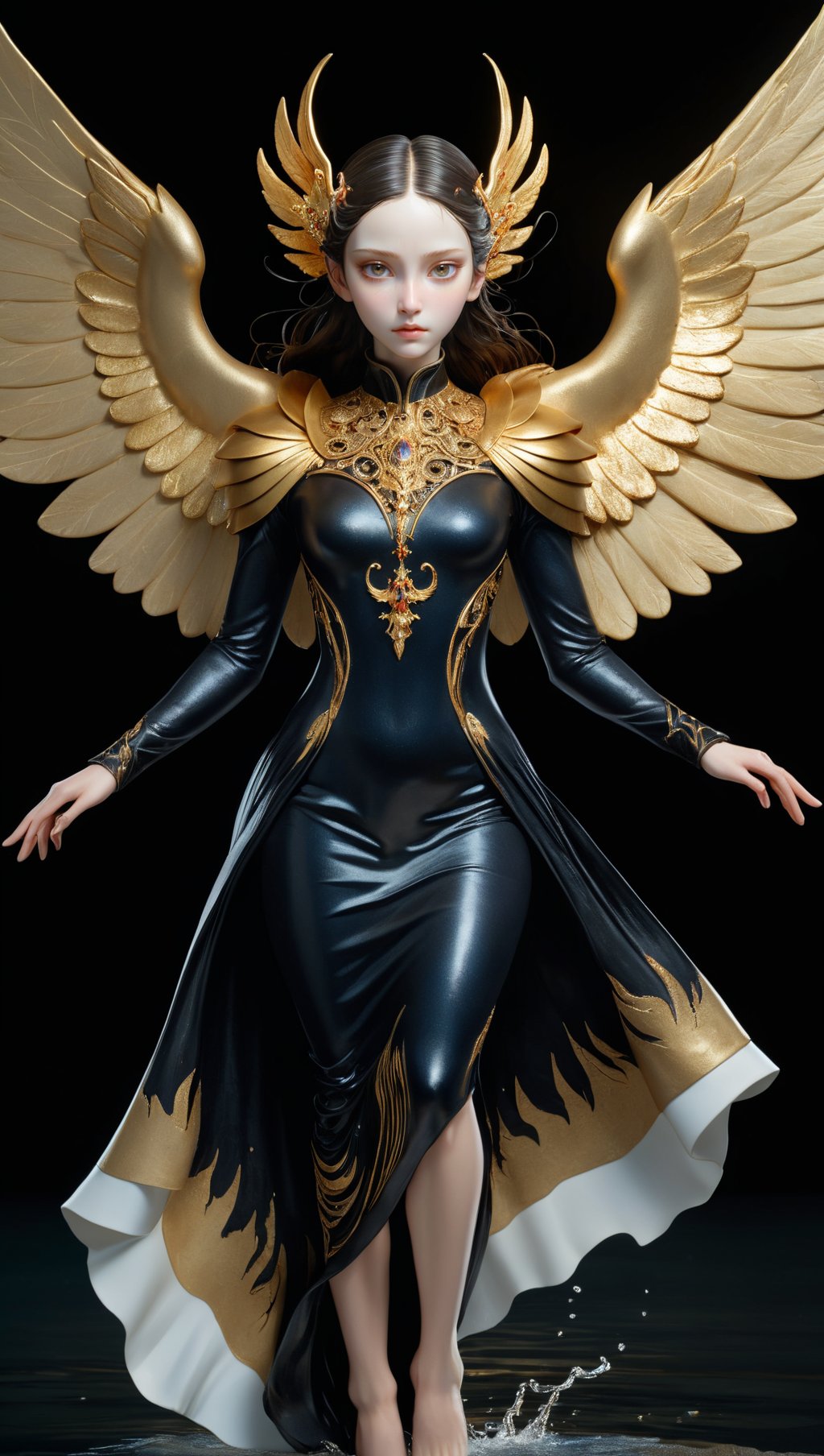 angelic strong woman (cherubim),flying above water,very large wings,she is looking at and facing viewer,cracked porcelain skin,(eyes are a bright gold),wearing a long black turtleneck dress,(dark background),(Full body shot),