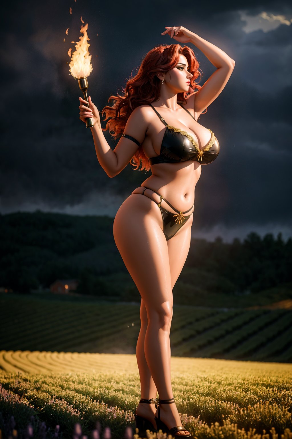 masterpiece of photorealism, photorealistic highly detailed professional 8k raw photography, best hyperrealistic quality, volumetric real-time lighting and shadows, front profile full body Photography, Old West Saloon Girl model woman with Crimson and Gold Fire-Inspired Hair, Curvy: Generous curves in the bust, waist, and hips, creating a voluptuous silhouette, Dancing in the Rain: Embracing movement in the rain for a dynamic and romantic shot., Harvested Lavender Fields with Bales full of busy people, Stunning Slow-Motion Capture