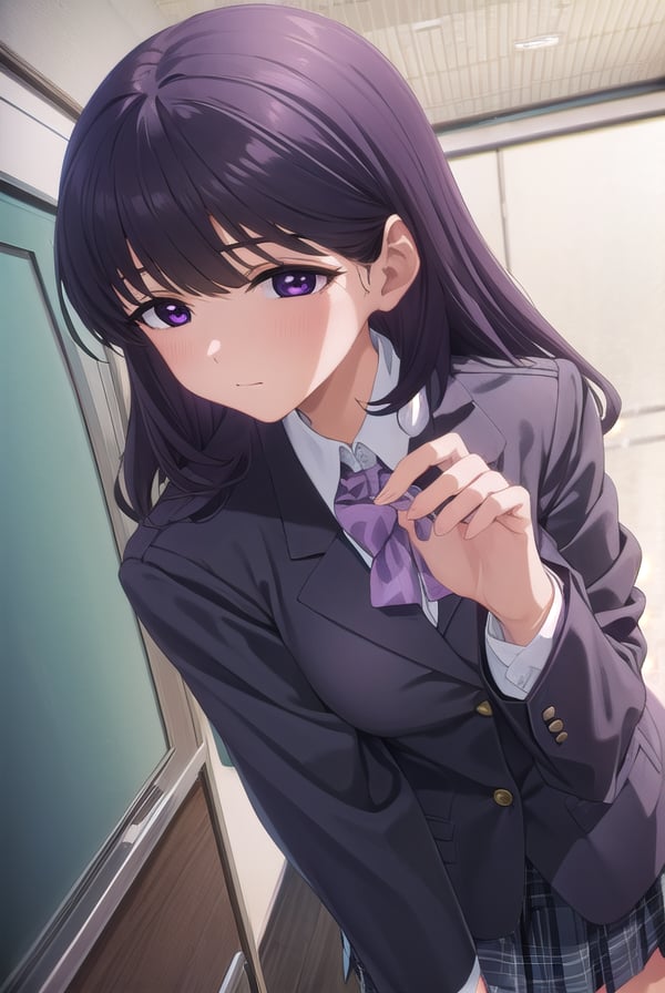 rionashijou, <lora:riona shijou s1-lora-nochekaiser:1>,riona shijou, bangs, purple hair, (purple eyes:1.1), medium hair,BREAK skirt, long sleeves, school uniform, jacket, socks, black skirt, two side up, black jacket, kneehighs, blazer, black socks, bow, bowtie, stripped, stripped bowtie,BREAK indoors, classroom,BREAK looking at viewer, (cowboy shot:1.5),BREAK <lyco:GoodHands-beta2:1>, (masterpiece:1.2), best quality, high resolution, unity 8k wallpaper, (illustration:0.8), (beautiful detailed eyes:1.6), extremely detailed face, perfect lighting, extremely detailed CG, (perfect hands, perfect anatomy),