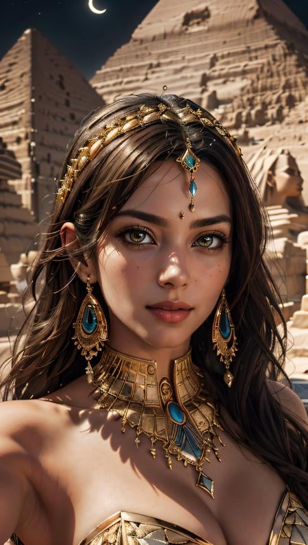 (best quality, masterpiece, colorful, dynamic angle, highest detailed) Realistic photo, fashion photography of a egyptian goddess, gold ornaments, gold reflection, flirting with POV, ultra detailed textures, perfect night, Egypt, pyramids, (intricate details, hyperdetailed:1.15), detailed, moonlight passing through hair, (official art, extreme detailed, highest detailed), HDR+