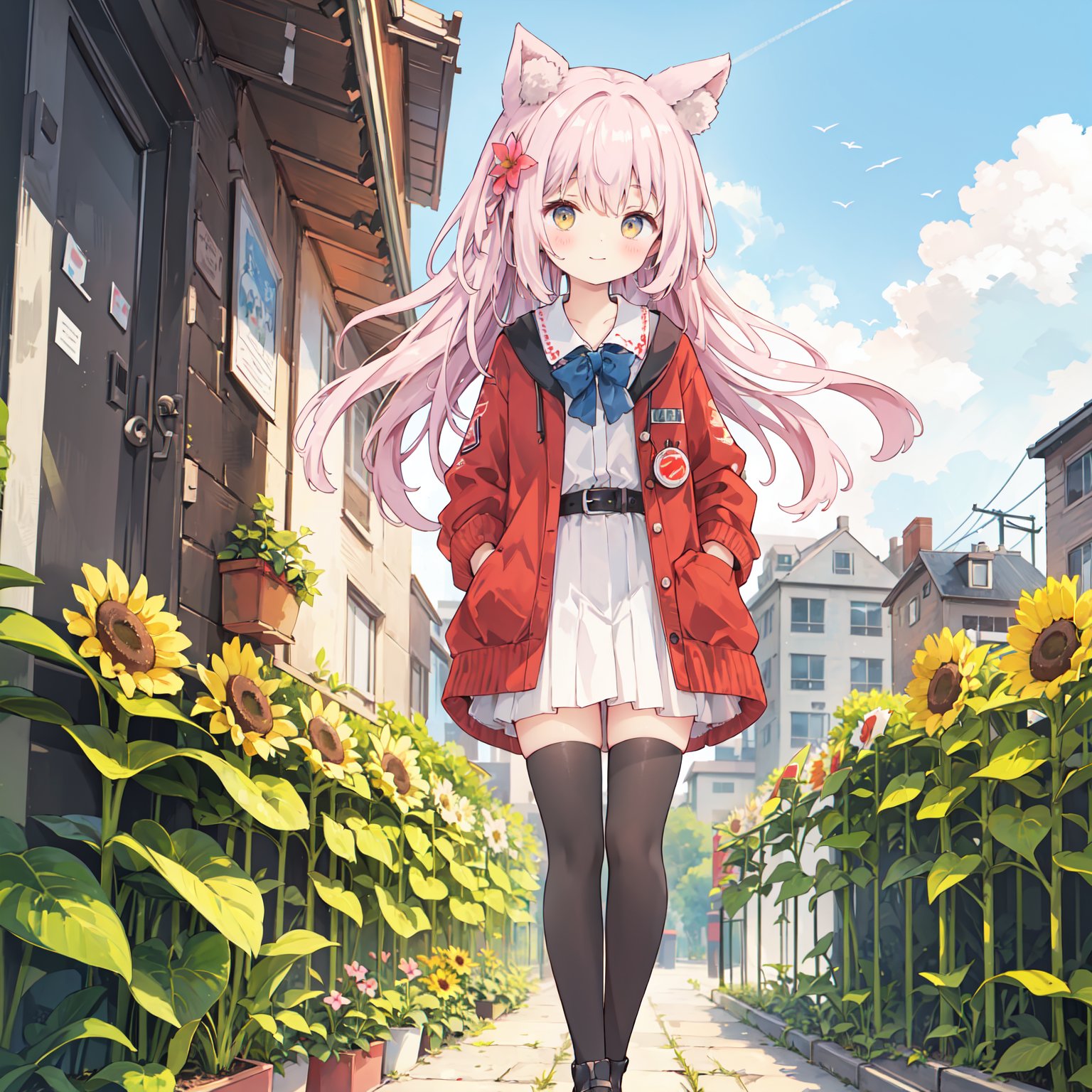 (best quality),((masterpiece)),(highres),standing,(full body),(black thighhighs),original,(loli:1.2),(petite:1.2),Pink hair,Yellow eyes,(red Jacket),high ponytail,white collared shirt,hair flower,fipped hair,floating hair,Frown,hands in pockets,black dress,red bowtie,(solo),sky,skyline,skyscraper,smile,solo,sunflower,tower,upper_body,white flower,animal ears,<lora:mystyle3-000029:0.6>,