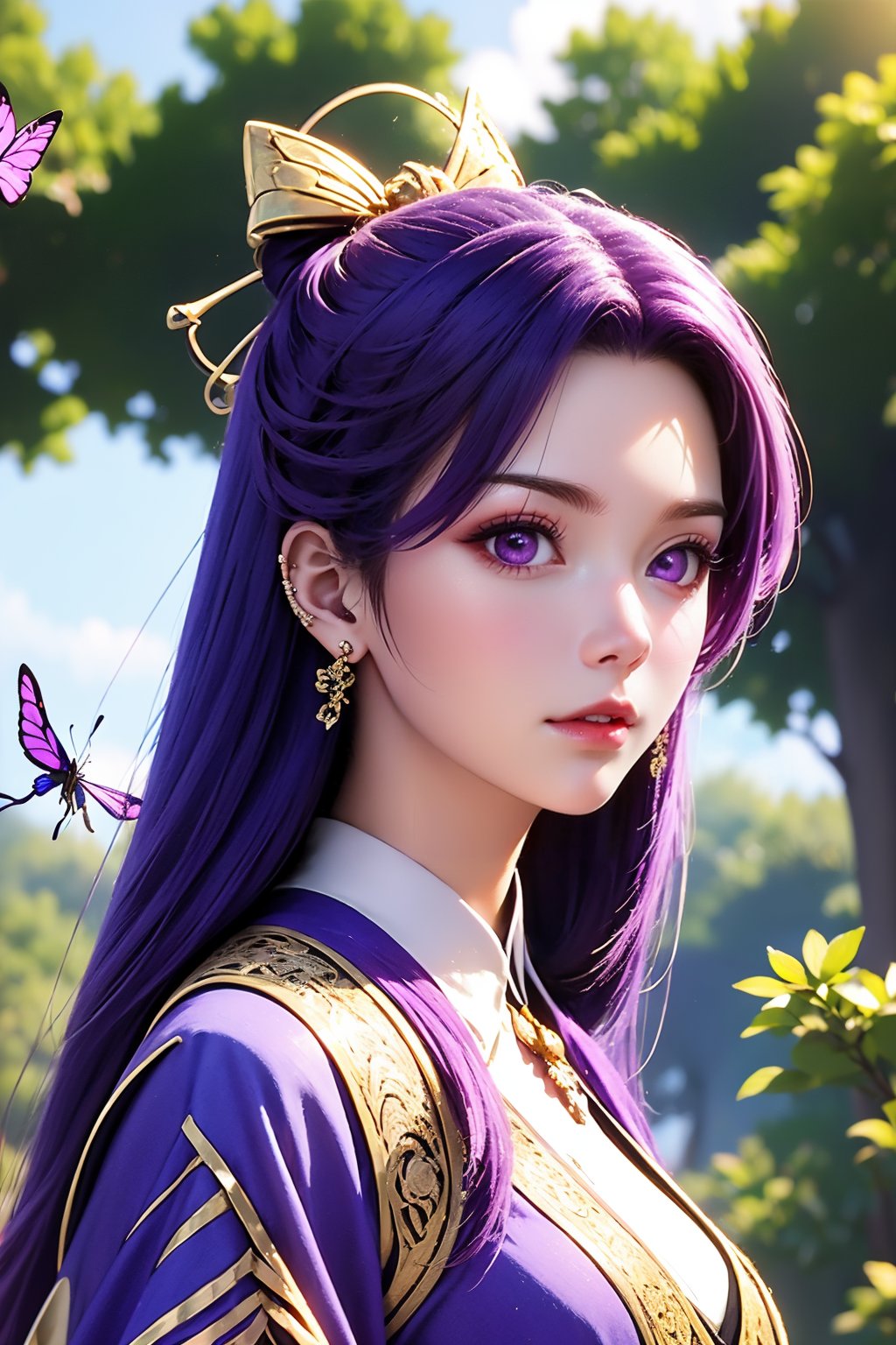 1girl, butterfly, bug, solo, purple hair, hair bun, earrings, hair ornament, jewelry, long hair, upper body, purple eyes, blue sky, sky, dress, single hair bun, outdoors, looking at viewer, from side, long sleeves, parted lips, chinese clothes, tree, teeth, cloud, white dress, blurry, day, realistic, flower, purple dress, blurry background