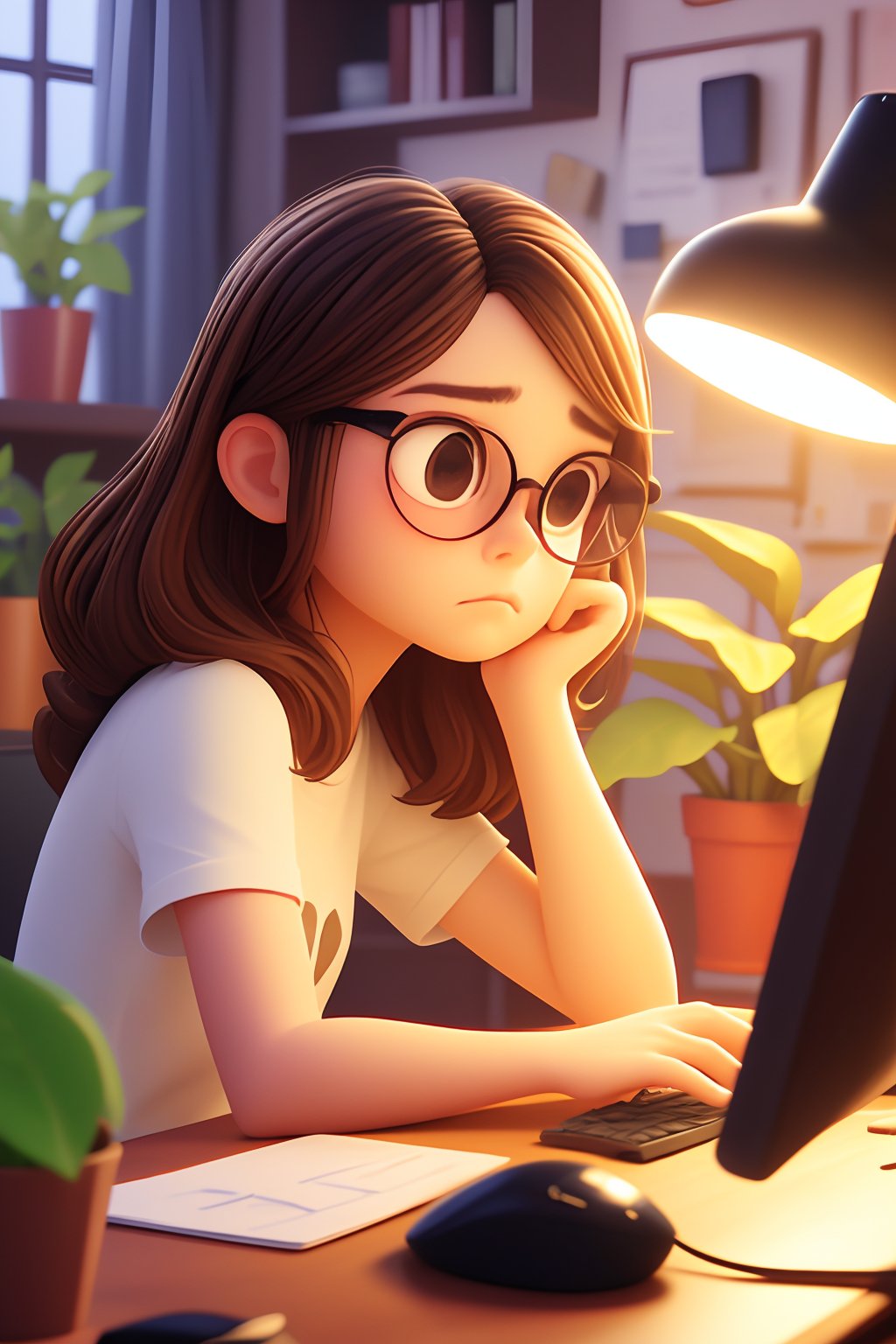 1girl,solo,glasses,brown hair,indoors,brown eyes,lamp,long hair,plant,short sleeves,shirt,keyboard (computer),sitting,mouse (computer),closed mouth,blurry,head rest,potted plant,desk,monitor,upper body,cup,bookshelf,frown,computer,blurry background,white shirt,GZNH 