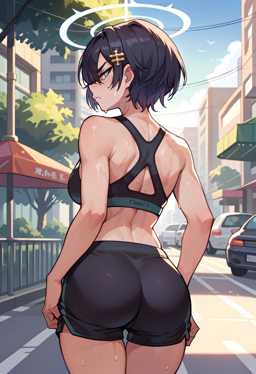 score_9, score_8_up, score_7_up, source_anime, from behind, solo, 1girl, htarchangel, sweat, unamused, looking back, hands on own hips, hair over one eye, halo, black sports bra, black shorts, ass, outdoors, city street <lora:helltaker_archangel_ponyXL:1>