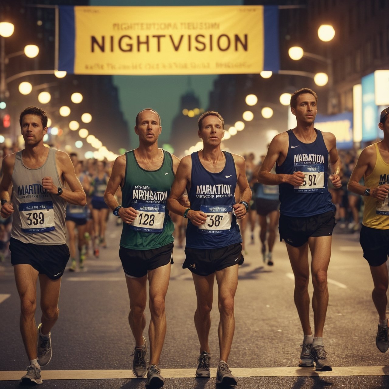 A group of marathon runners under a banner with the text "NIGHTVISION" on it, NYC Marathon, Television broadcast, Ektachrome, Romantic, Realism, flat lighting, gilded technique, DOF, bokeh