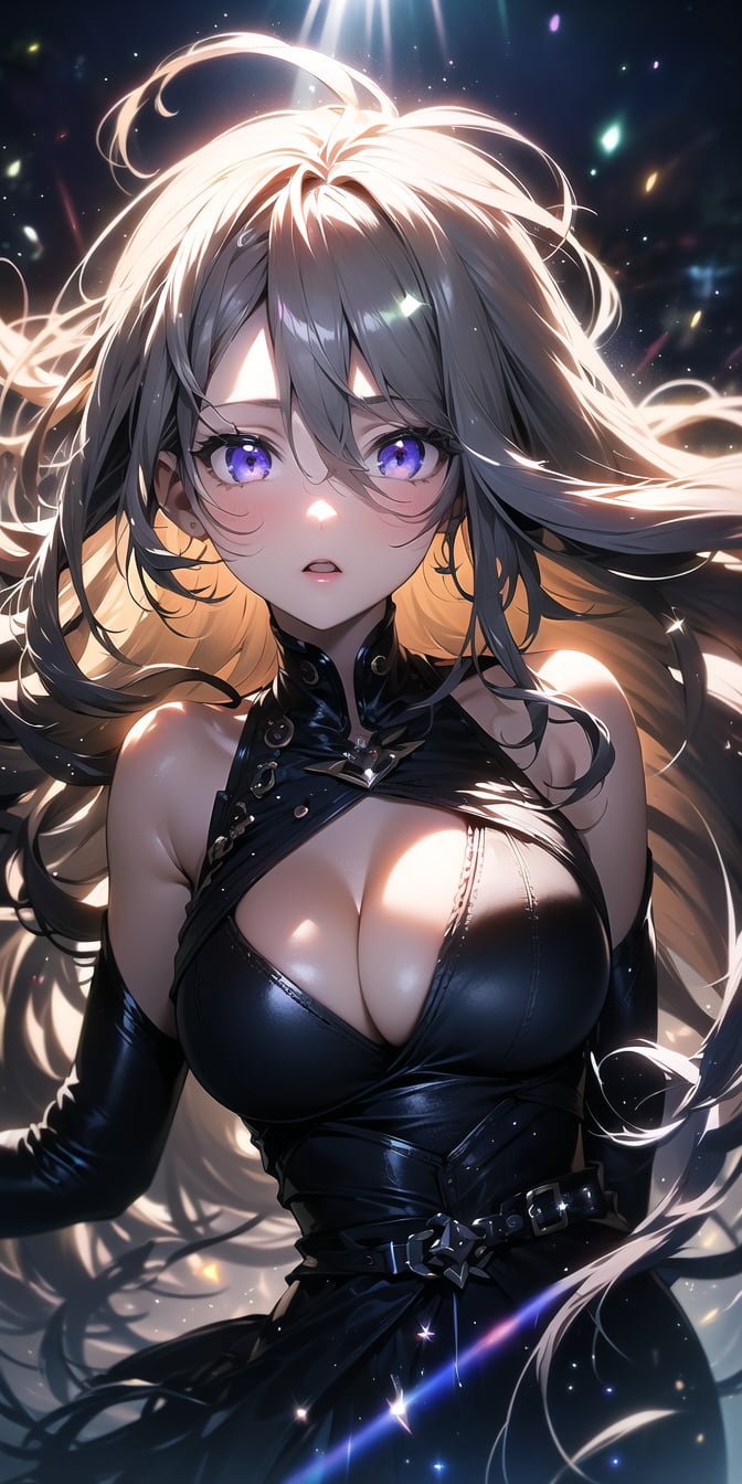 <lora:apstyle3diff:0.75> apstyle3 apstyle masterpiece best quality detailed eyesmasterpiece best quality 1girllong hair (messy hair floating :1.25) severe flow(night dark shadow darkness:1.2)(sunbeam light grow luminescence :1.475)black background blacklarge breasts cleavageupper body  looking at viewer<lora:detail_slider_v4:0.75>