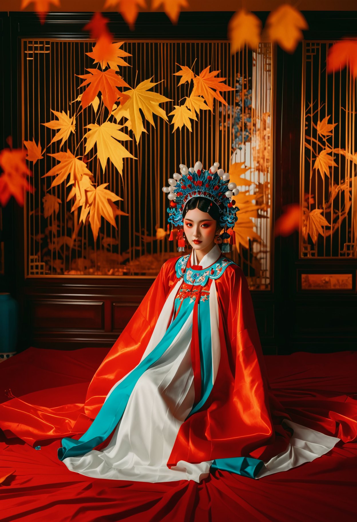 photograph Chinese opera, traditional costume, elaborate headdress, vibrant colors, seated pose, high-angle shot, warm lighting, intricate patterns, ornate backdrop, serene expression, cultural heritage, theatrical makeup, historical ambiance, autumn leaves in the foreground, wooden screen, rich textures, artistic composition., 50mm . cinematic 4k epic detailed 4k epic detailed photograph shot on kodak detailed cinematic hbo dark moody, 35mm photo, grainy, vignette, vintage, Kodachrome, Lomography, stained, highly detailed, found footage