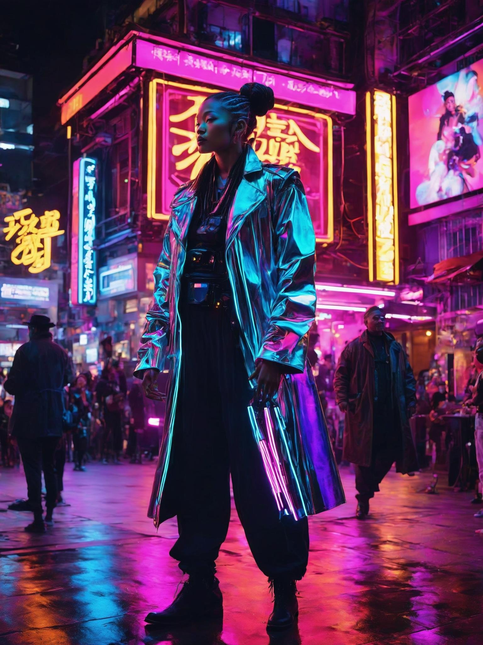 A cyberpunk street performer, blending the soulful tunes of jazz with Zen philosophy, mesmerizes audiences in a neon-lit urban square. Their attire, a fusion of vintage jazz style and modern cyberpunk fashion, resonates with a hint of Eastern influence. Amidst swirling neon lights, their performance transcends genres, captivating passersby with a unique blend of American musical heritage and hints of tranquil Zen ambiance., <lora:ByteBlade:1>