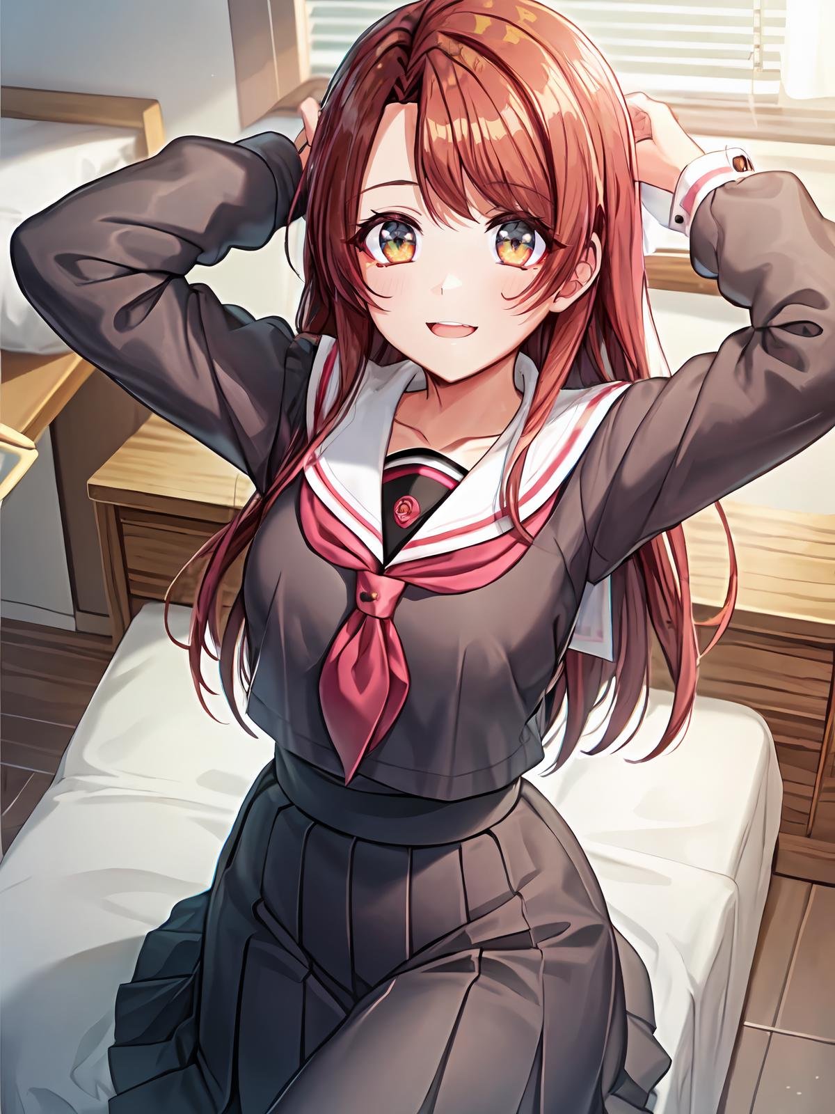 (extremely detailed CG), (best quality), 1girl, perfect face, shiny skin, lustrous skin, wide hips, narrow waist  solo 1girl,<lora:Haruna-09:0.7>haruna, long hair, bangs, red hair,  frills, yellow eyes, ribbon,blushed, smile, flat chest,white sailor collar, serafuku, pleated skirt, neckerchief, ribbon, socks,long sleeves, lying on bed, arms over head, from above