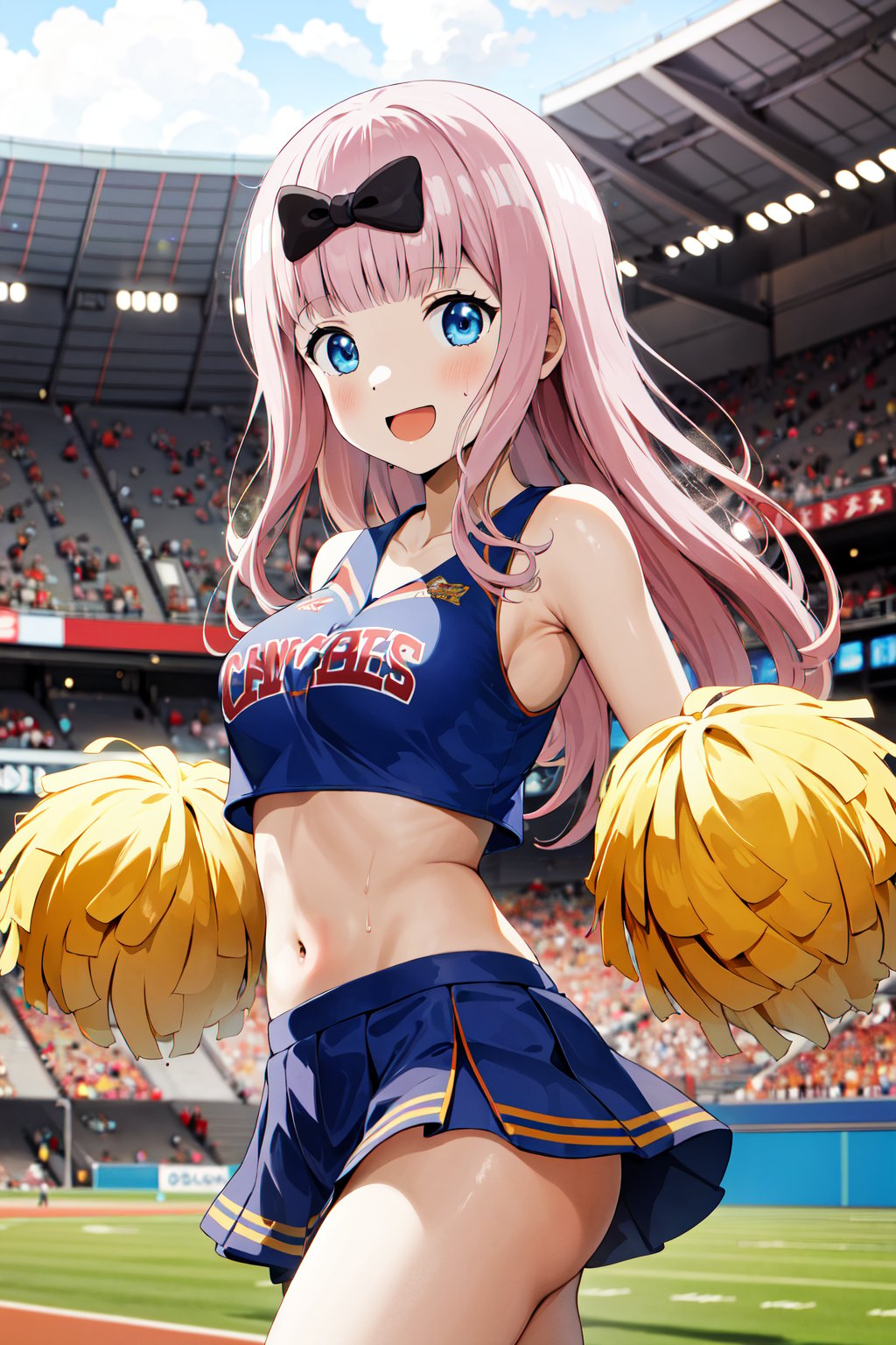 masterpiece, best quality, highres, aachika, long hair, hair bow, <lora:fujiwara_chika_v2:0.7>, cheerleader, pom pom \(cheerleading\), midriff, sweat, smile, stadium, standing, cowboy shot, 