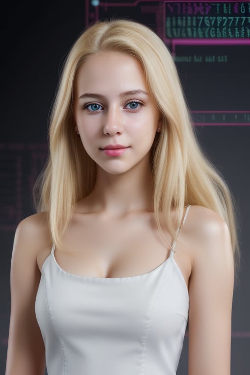 Working Women beautiful young lady 22 age standing talk perfect face eyes hair blonde mouth programmer hacker CEO engineering white dress zoom in all body best quality 24k in Big Cyber rooms Data Ai, Data Annotation