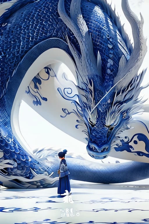 <lora:qinghuaci2-000000:1.1>,HDR,UHD,8K,Highly detailed,best quality,masterpiece,qinghuaci, dragon, 1girl, eastern dragon, black hair, skirt, solo, shirt, wide shot, blue skirt, white shirt, standing, blue theme, from behind, barefoot, ponytail, horns, long sleeves, holding, long skirt, artist name