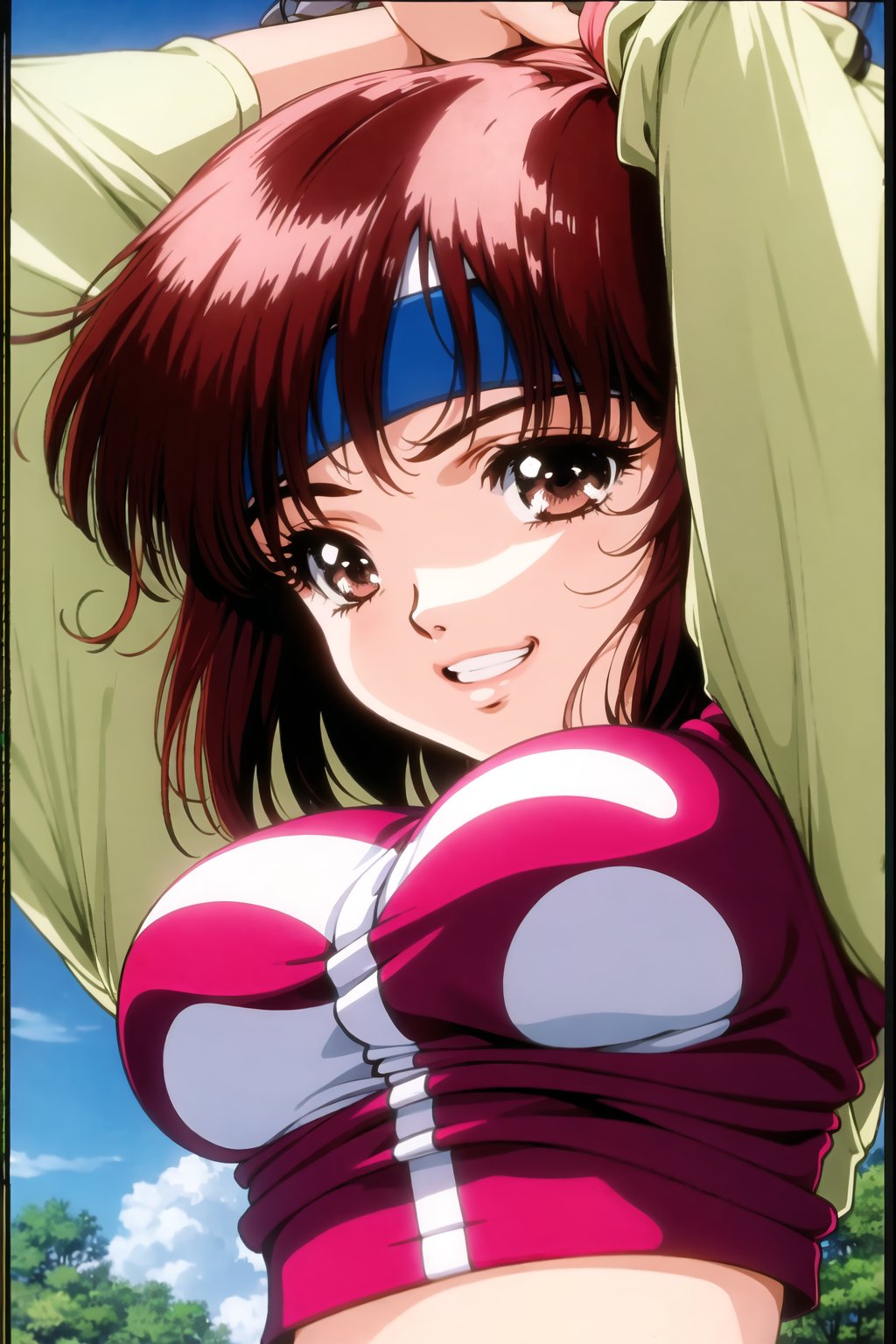 takaya noriko, gunbuster, top wo nerae!, 1girl, solo, breasts, looking at viewer, smile, short hair, bangs, large breasts, brown hair, shirt, long sleeves, brown eyes, medium breasts, upper body, red hair, parted lips, grin, arms up, lips, eyelashes, headband, from below, arms behind head, close-up, sportswear