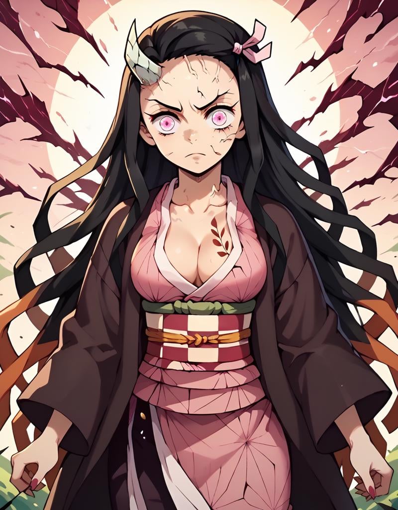 <lora:NezukoKamadopony-10:1> NezukoAdult, kamado nezuko, medium breasts, adult, 1girl, very long hair, black hair, hair ribbon, horns,  pink eyes, demon girl, single horn, veins, cracked skin,  cleavage, black haori, obi, pink kimono, checkered sash, Leaning with one elbow on an invisible wall,, score_9, score_8_up, score_7_up, score_6_up, score_5_up, score_4_up,