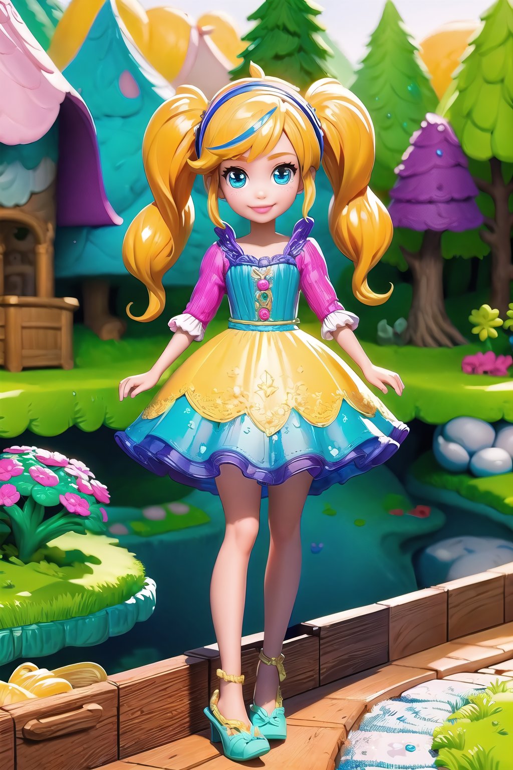 (masterpiece, best quality:1.3), 8k resolution, digital illustration, thick lineart, p0lly, 3d, toy, original, ultra-detailed portrait, cowboy shot, 1girl, minigirl, polly pocket, photoreal, twintails, blonde hair, garden, outdoors, sunlight, looking at viewer, smile, (dynamic), stylish, (shiny:1.1) fashion, drinking, drink, straw, toy, fence, tree, dress, (deep depth of field), cute, miniature, depth, glitter, extremely detailed, hairband, (intricate details), perfect face, finely detailed face, detailed eyes, volumetric, perfect composition,volumetric lighting, soft lighting,traditional media,cara,sweetscape<lora:EMS-179-EMS:0.300000>, <lora:EMS-32692-EMS:0.600000>, <lora:EMS-363895-EMS:1.200000>