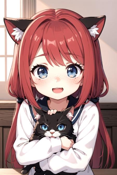 a beautiful anime girl, red hair, freckles, smooth skin, blurry background, holding a cat, soft, cute, happy, illustration, cute, perfect proportions, perfect face, perfect eyes