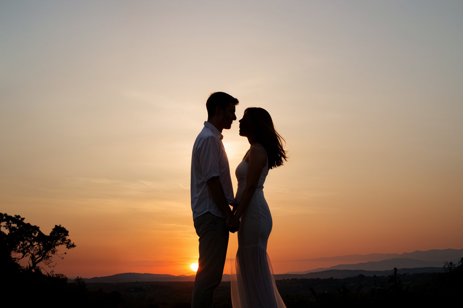 Silhouette of couple holding hands in sunset