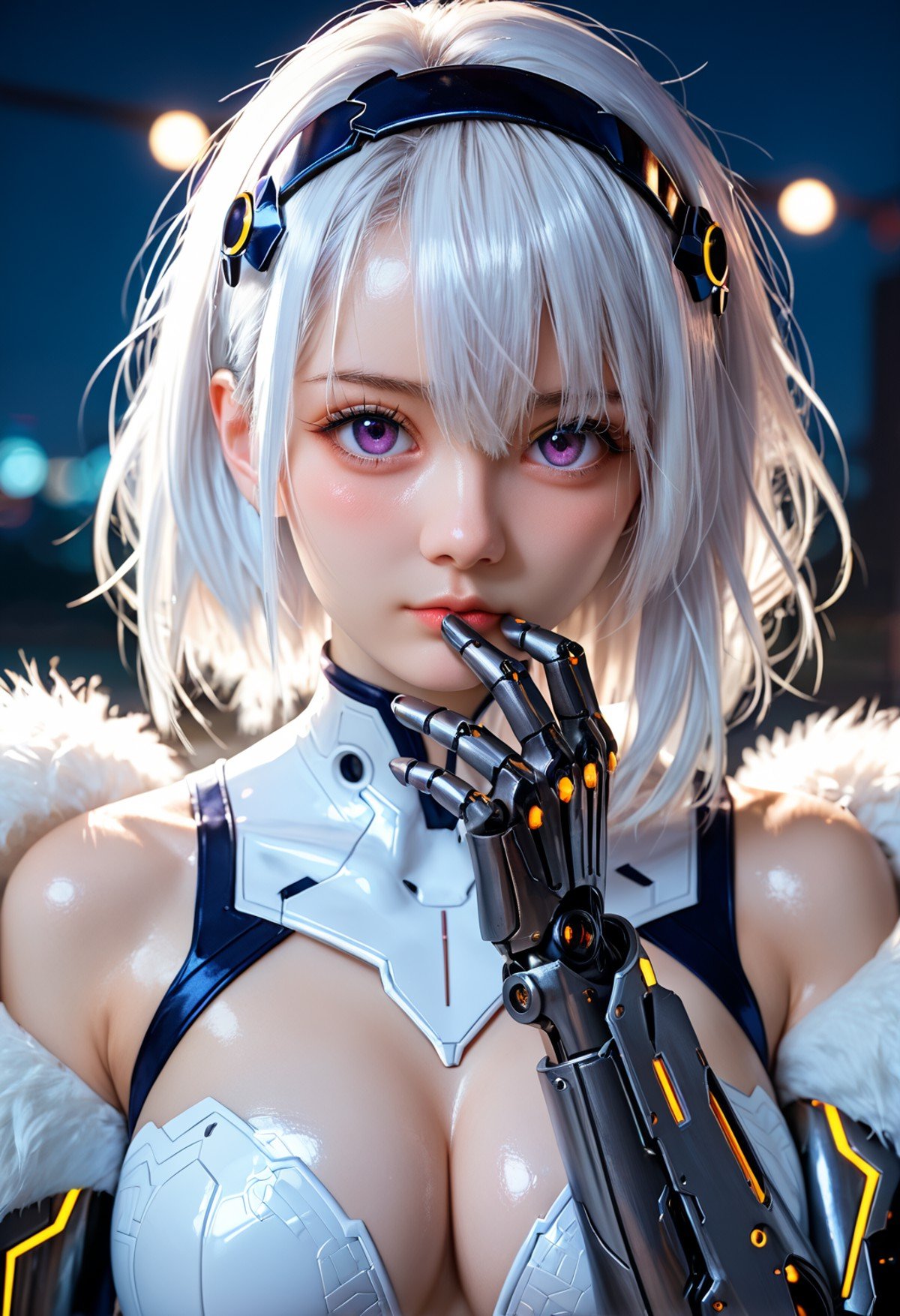 1girl,solo,looking at viewer,medium hair,bangs,hairband,purple eyes,hair ornament,hair between eyes,white hair,fluffy hair,large_breasts,blush shy,shiny_skin,very detailed clothes,very realistic textures,very detailed textures,longeyelashes,brown eye shadow,night,dim light,cyberpunk,mechanical arm,sci-fi style clothes,hair_tucking,metal material,realistic metallic texture,hands,raise your hand,, score_9,score_8_up,score_7_up,highly detailed,high budget,masterpiece,best quality,perfect anatomy,very aesthetic,8k,