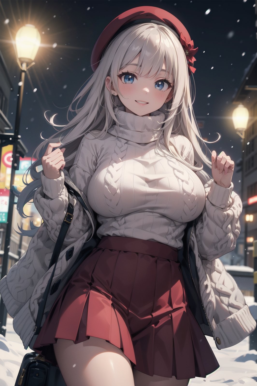 ((SFW)),masterpiece, (best quality, ultra-detailed:1.4),  (ultra high res:1.5), (sharp focus), (insanely detailed:1.3), (perfect anatomy), super fine (cel animation),cowboy shot, anime beautiful girl, solo, backlight, solo, kawaii shibuya fashion, huge breast, deep cute beret,(woolen sweater:1.4),happy smiling, woolen Scarf,long flare skirt,(winter, snowing:1.2),(fantastic illumination), night view, stary sky, joyful dating,absurdity delicate background and landscape