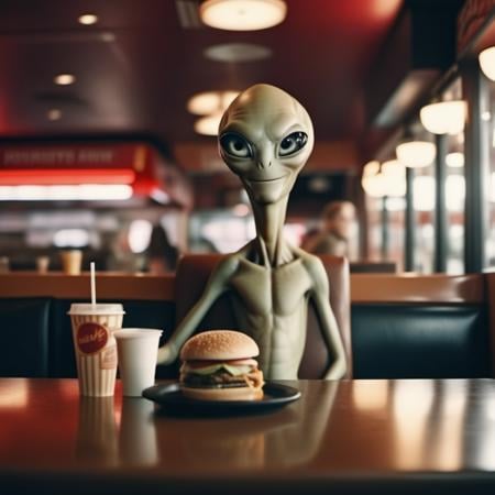 cinematic photo a full body alien having a burger in a fastfood restaurant  <lora:Paul1024:0.9> . 35mm photograph, film, bokeh, professional, 4k, highly detailed