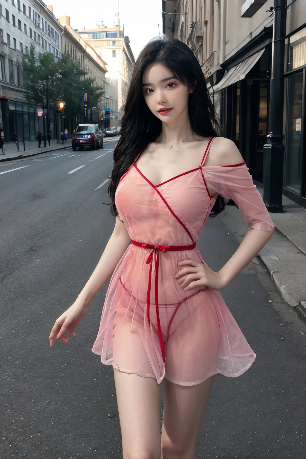 best quality,HDR,UHD,8K,Vivid Colors,solo,front mirror,photo_(medium),(1girl:1.3),(looking at viewer:1.4),<lora:add_detail:0.5>,standing,(street:1.4),hands on hips,<lora:rc32:0.75>,