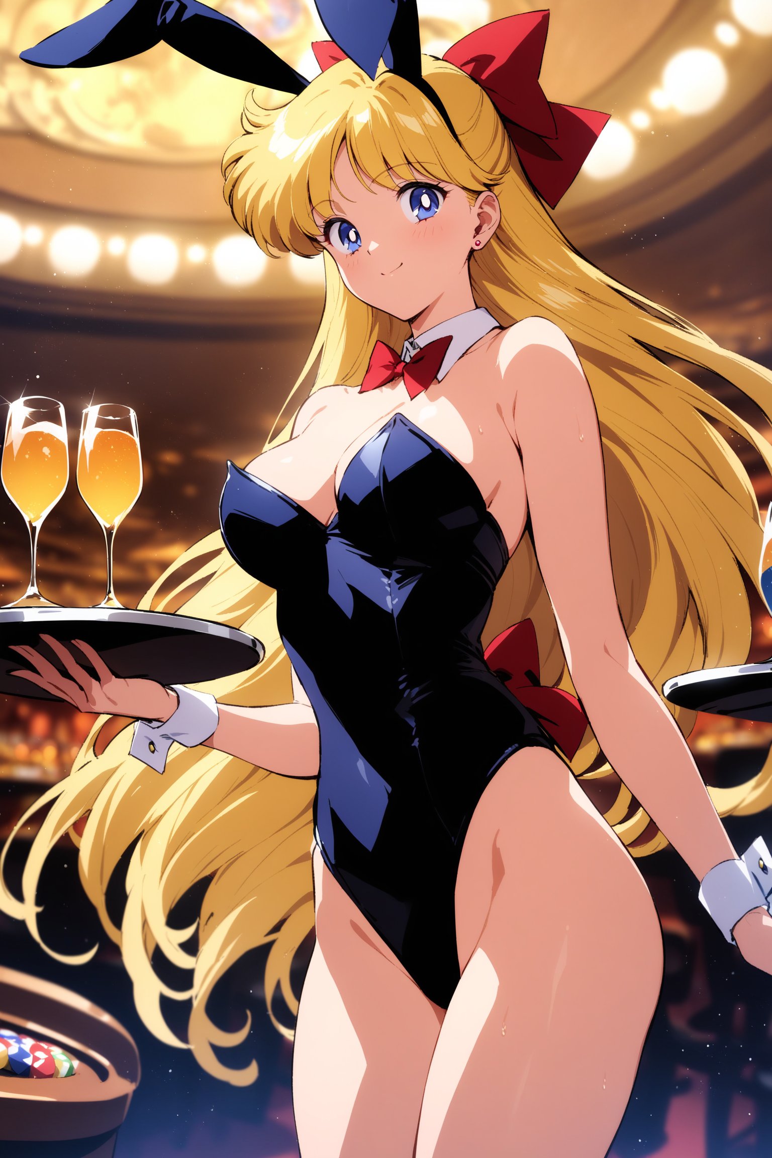 masterpiece, best quality, very aesthetic, absurdres, aavenus, long hair, blonde hair, hair bow, blue eyes, earrings, <lora:sailor_venus_XL_v1(anima):0.9>, leotard, playboy bunny, strapless, bare shoulders, casino, standing, cowboy shot, holding tray, smile