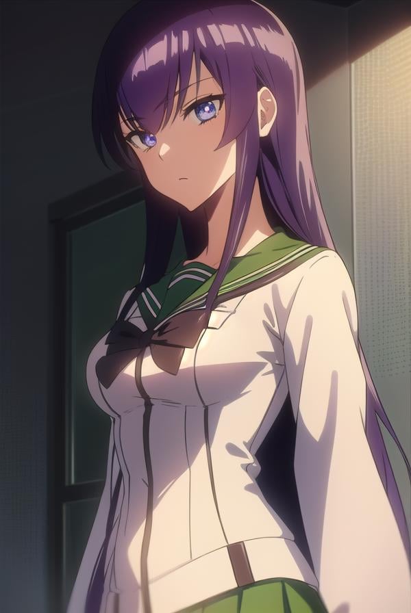 saekobusujima, <lora:saekobusujimatest:1>,saeko busujima, long hair, purple hair, (purple eyes:1.1), hair between eyes,BREAK skirt, long sleeves, bow, school uniform, serafuku, green skirt,BREAK looking at viewer,BREAK indoors, classroom,BREAK <lora:GoodHands-vanilla:1>, (masterpiece:1.2), best quality, high resolution, unity 8k wallpaper, (illustration:0.8), (beautiful detailed eyes:1.6), extremely detailed face, perfect lighting, extremely detailed CG, (perfect hands, perfect anatomy),