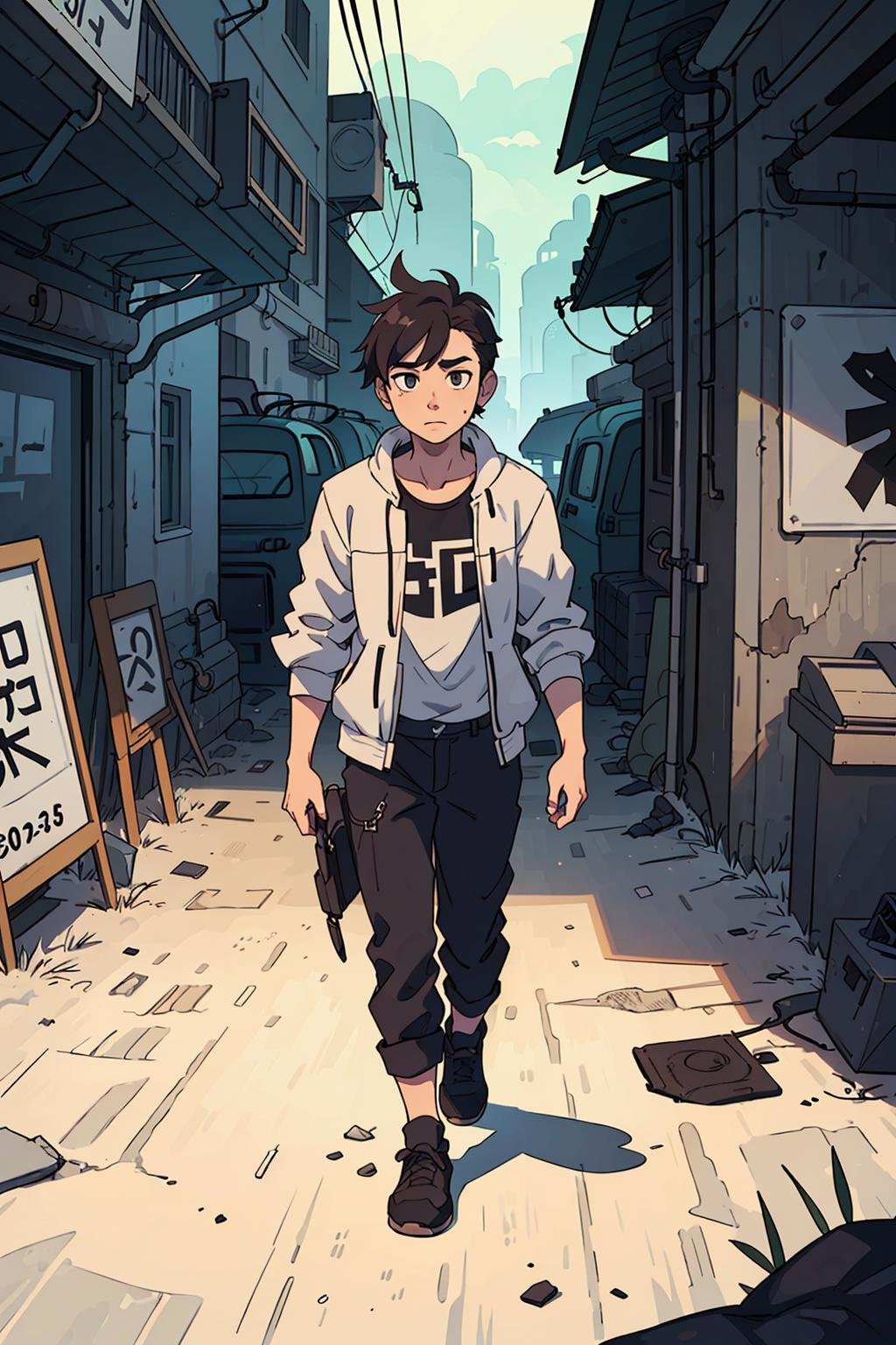 (best quality:0.8) perfect anime still frame, hyperpunk guy strolling through the (wasteland:1.2)
