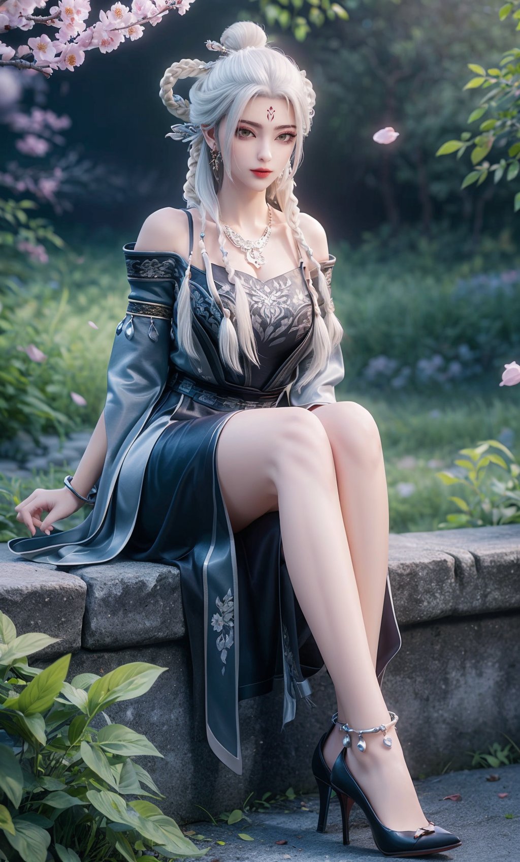 ,,masterpiece,(best quality),white hair,official art,extremely detailed cg 8k wallpaper,(extremely delicate and beautiful),solo,realistic,photo_\(medium\),hand_between_legs,bracelet,full body,anklet,stiletto heels,(bare shoulders,gown,chinese clothes,necklace,jewelry,long hair,detached sleeves,solo),1girl,(forehead mark,multiple braids,hair bun,hair stick,braid,hair ornament,:1.1),<lora:xiaobai_new_v2.1:0.6>,plum blossoms,falling petals, snowflakes, abomasnow,forest,bush/shrub,,