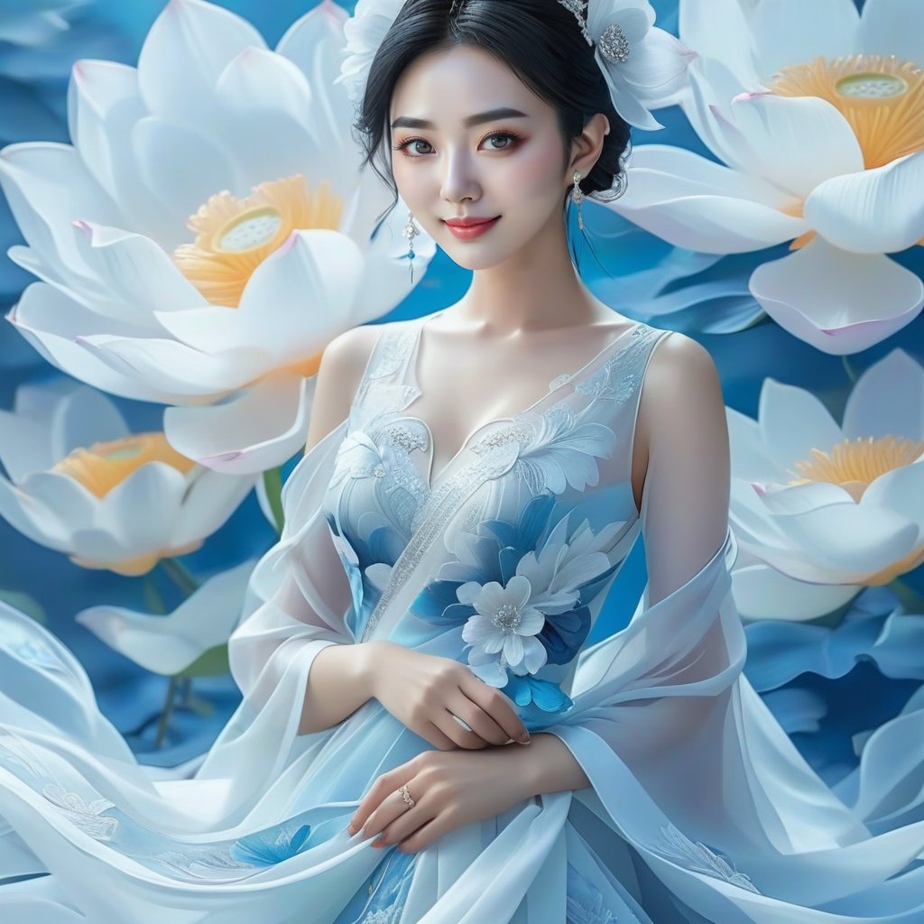 (masterpiece, top quality, best quality, official art, beautiful and aesthetic:1.2)lianhua, 1girl, front view, full body,big bright eyes,smile,solo, jewelry, earrings, hair ornament, black hair, smile, hair flower<lora:XL-第五轮白莲花-000004:0.8>