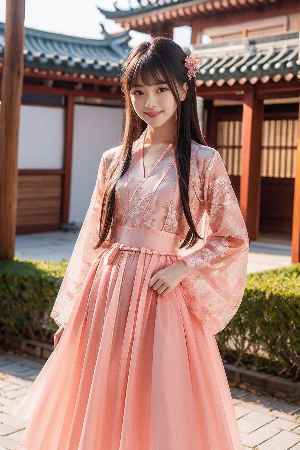 1girl,hanfu,(Half-length Shot:1.2),(Chinese architecture background:1),(looking_at_viewer:1),realistic,(blunt bangs:1.2),(standing:1),(hair stick:1),(smile:1),4k