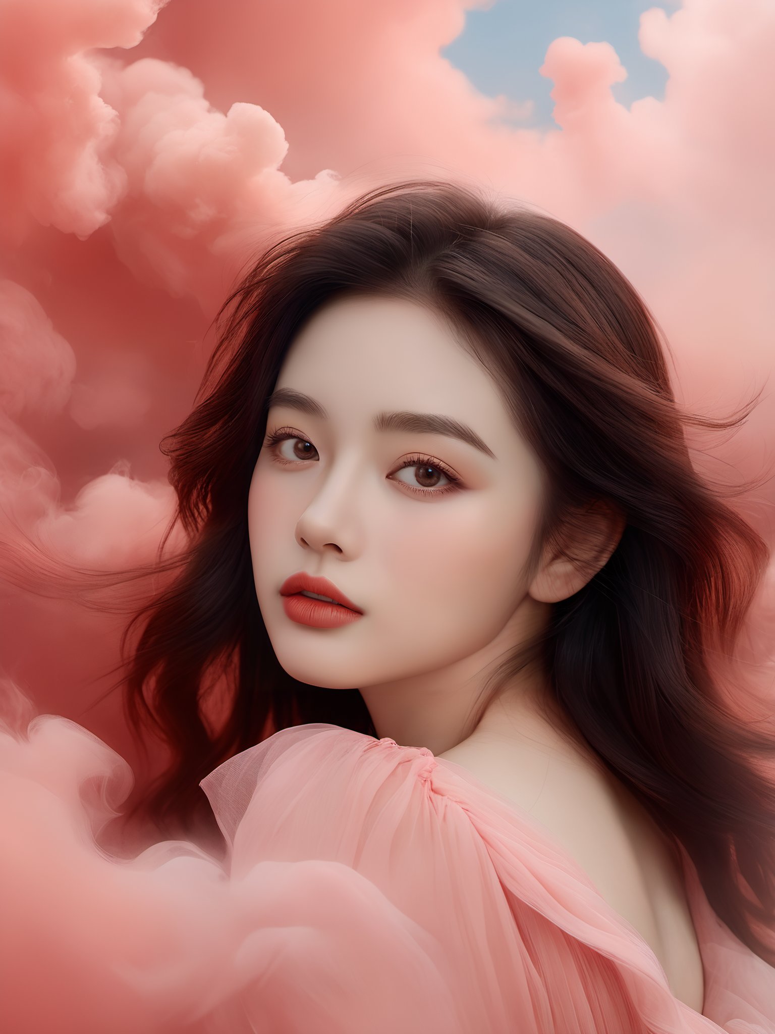 photorealistic,realistic,photography,masterpiece,best quality,ultra-detailed,extremely detailed CG unity 8k wallpaper,a beautiful girl, close mouth, red lips, beautifull face, full body, wearing dress, any pink smoke,cloud,pink dress, over view, <lora:JAY PINK CLOUD DRESS XL:0.8>, (best quality:1.3)