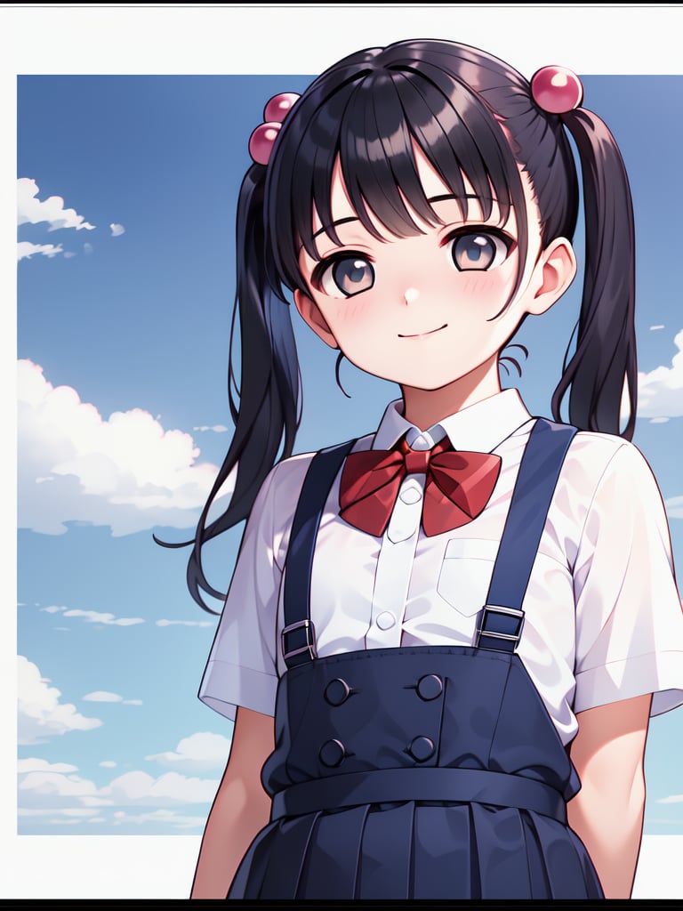 <lora:Tsutsumi_Kinuka:0.8>, TsutsumiKinuka, 1girl, solo, skirt, outdoors, twintails, shirt, white shirt, hair ornament, hair bobbles, suspenders, day, smile, looking at viewer, short sleeves, blue skirt, school uniform, pleated skirt, bow, suspender skirt, red bow, bowtie, red bowtie, long hair, bangs, closed mouth, cloud, collared shirt, cowboy shot, sky, border, blush, black border, blurry, standing, blue sky,masterpiece, high quality, very_high_resolution, large_filesize, full color,