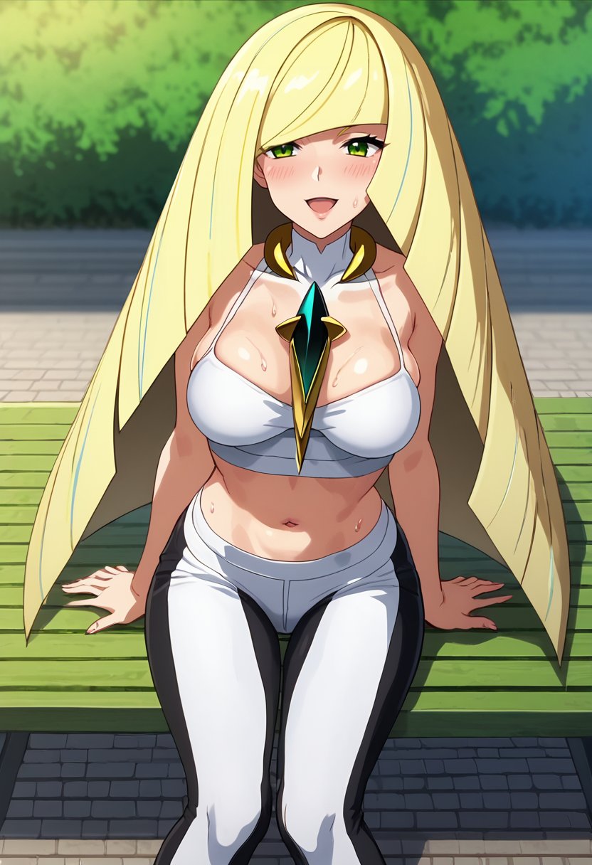 score_9, score_8_up, score_7_up,source_anime,anime coloring,perfect anatomy,cinematic_shadow,anime screencap,<lora:animestyle:1>finetuneanimeBREAK <lora:lusamine:1>lusamine,1girl, lusamine (pokemon), breasts, blonde hair, long hair, green eyes, solo, large breasts, navel, alternate breast size, sitting, very long hair, smile, leggings, cleavage, open mouth, looking at viewer, bangs, mature female, blush, sweat,outdoors, park