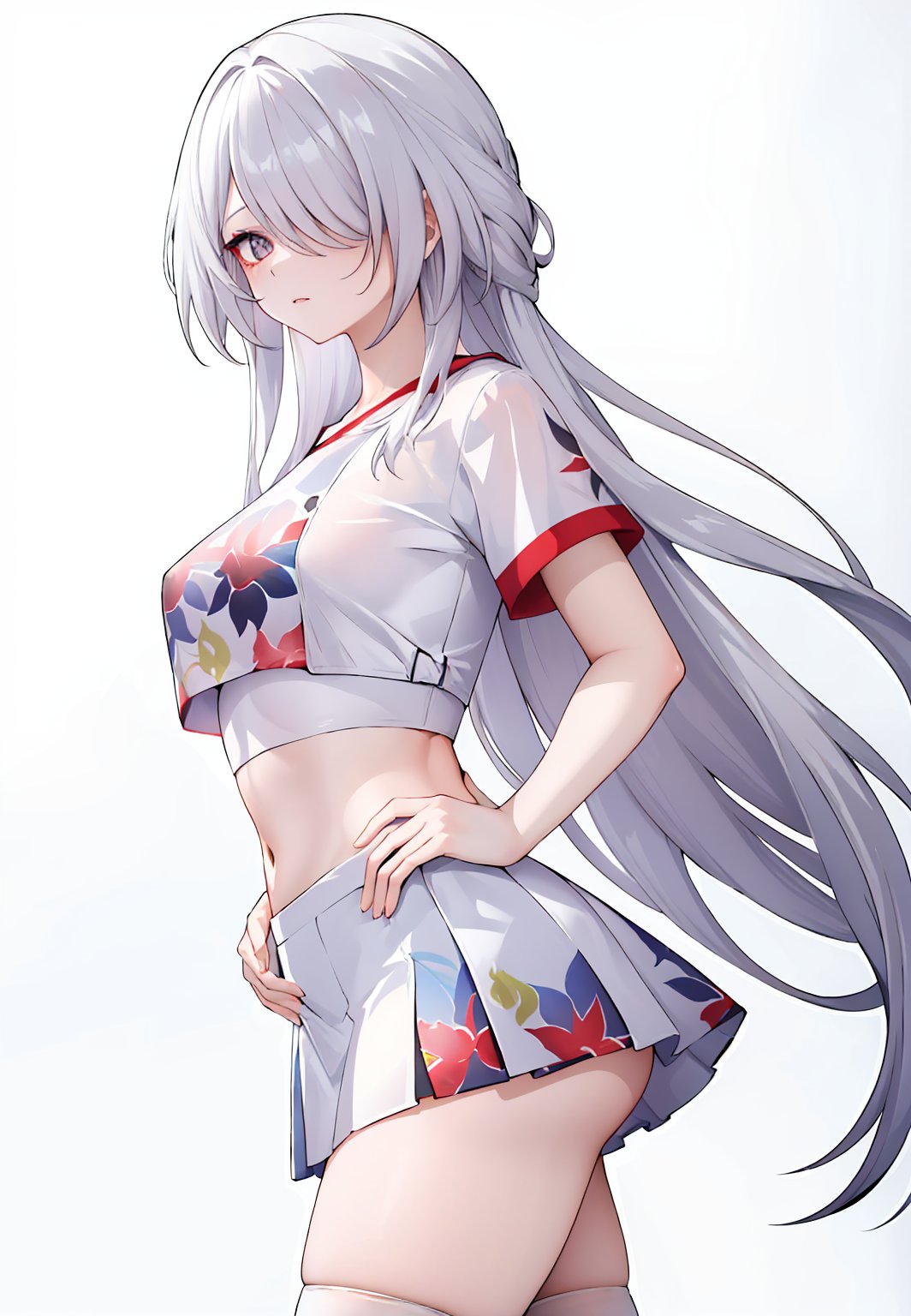 ((masterpiece,best quality)), acheronult, hair over one eye, white crop top, short sleeves, white miniskirt, floral print, white thighhighs, simple background, 