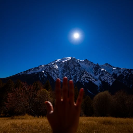 and the lights from the street lamps.  The sky is dark.  The image is a long exposure of a night scene., its branches reaching up towards the sun. The lower half of the image features dense foliage, wavy, with the hand in the foreground. The image is lit from the left, A mountain range is covered in snow under a bright blue sky. The snow on the mountain is mostly white with patches of grey rock. The mountain range rises up to the top of the image. In the foreground is a field of dry