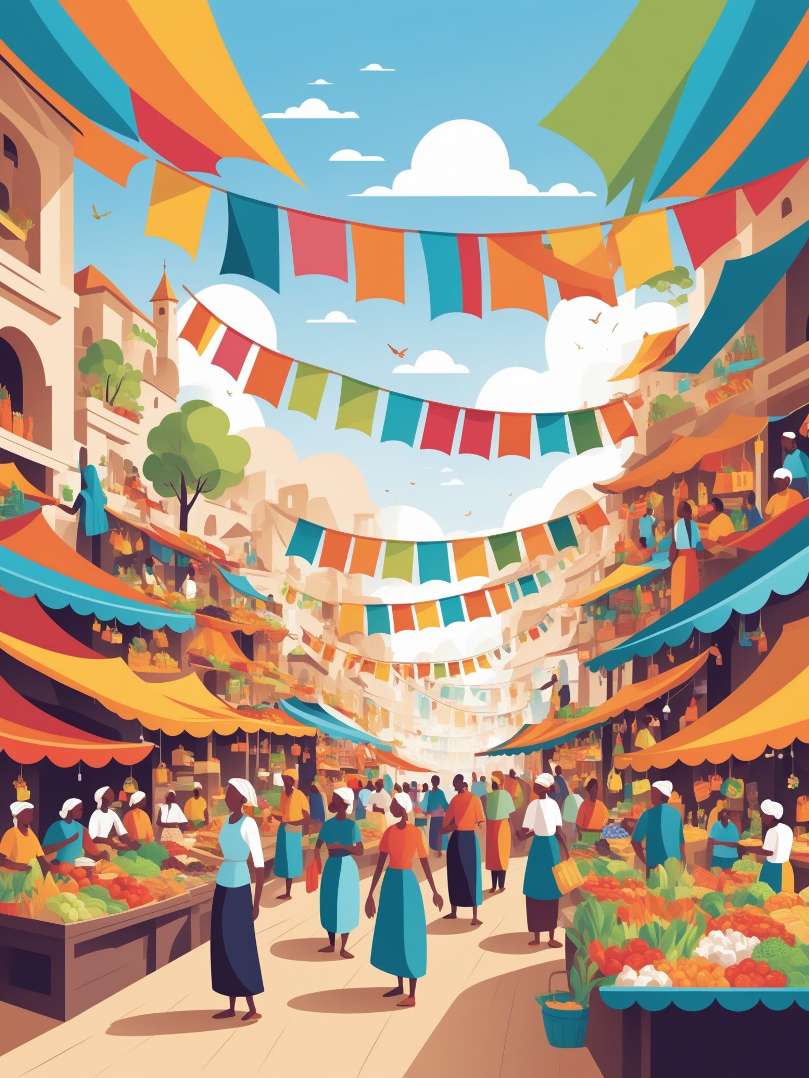 FRESHIDEAS landscape,A vector graphic of a bustling marketplace,colorful stalls with various goods,people interacting and bargaining. Banners and flags hanging above,a vibrant,lively atmosphere. Created Using: Adobe Illustrator,flat design,bold colors,detailed characters,dynamic scene,cultural diversity,intricate patterns,crisp lines,hd quality,natural look,