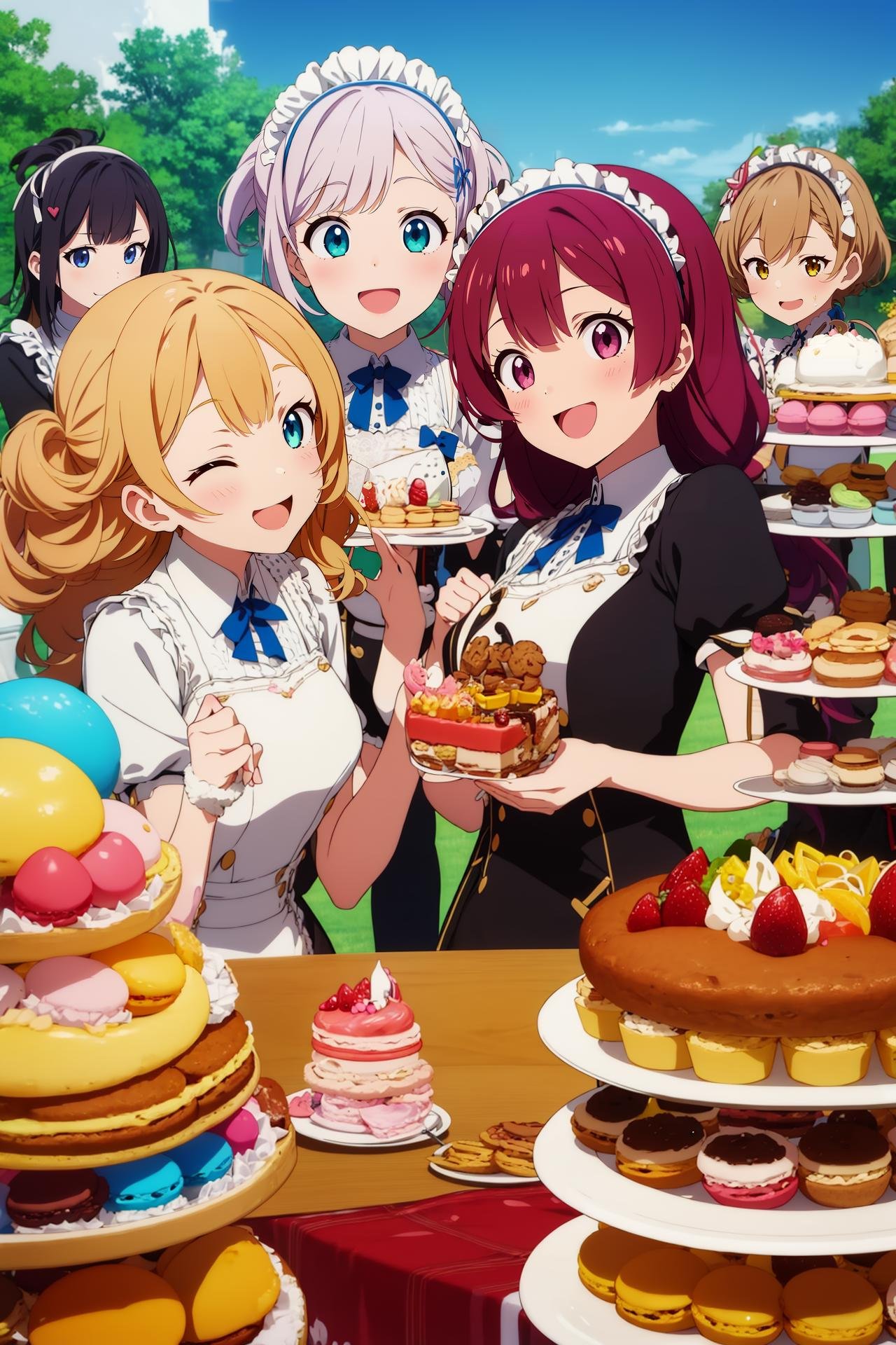 (4+ girls), multiple colored hairs, sweet maids, random cute faces, super happy smiling, open mouth, group shot, zoom camera, sweet tea party, lots of cakes, macarons, chocolates, parfaits, cookies, land of sweets, anime_coloring,anime_keyvisual, colorful,vivid<lora:envybetterhandsLocon_beta2:1>